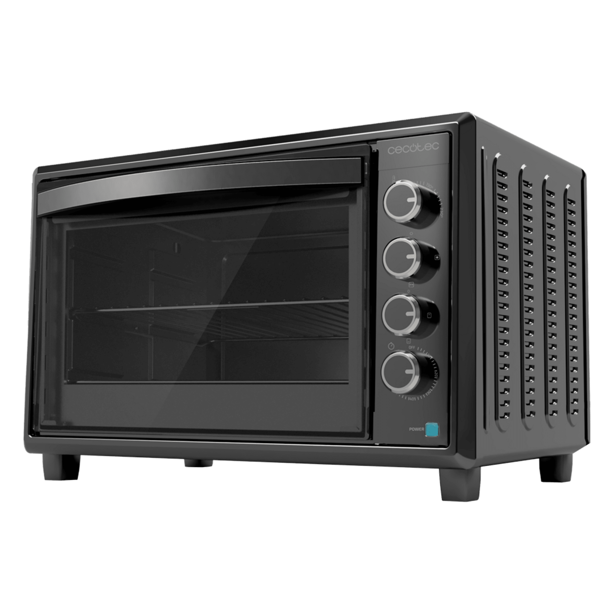 Mini horno Cecotec negro con puerta de cristal, diales giratorios y rejillas.