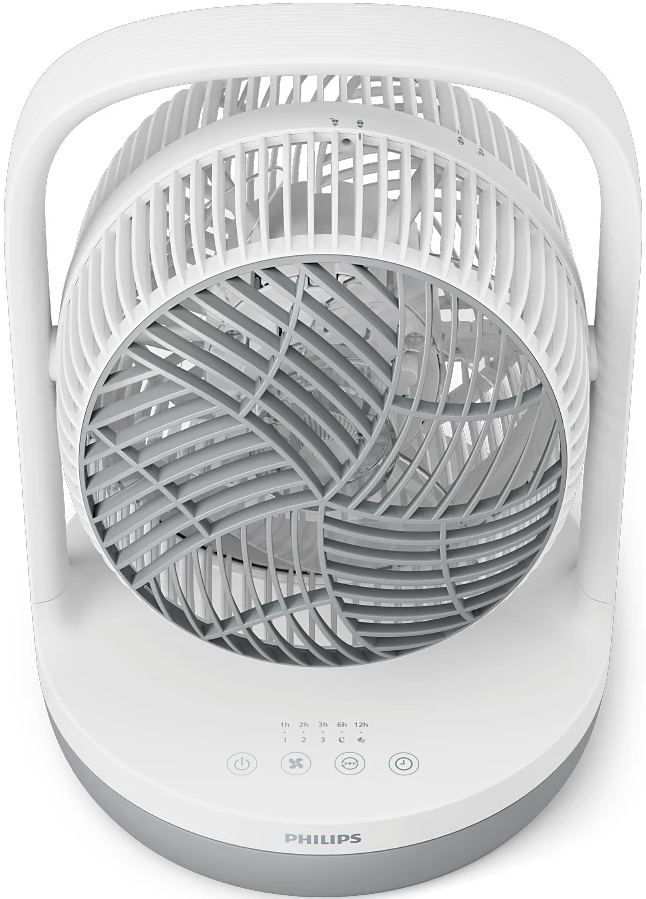 Ein weißer Philips Tischventilator mit silbernem Sockel und Bedienelementen.
