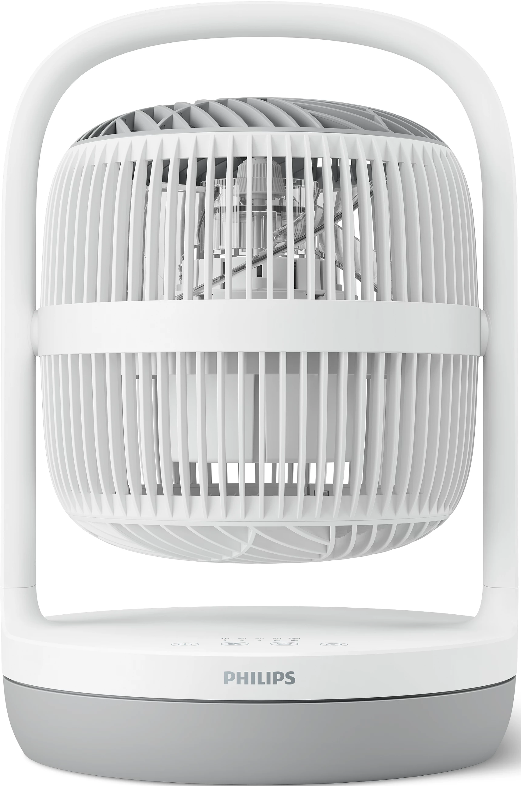 Ein weißer Philips Tischventilator mit grauem Sockel und Bedienelementen.