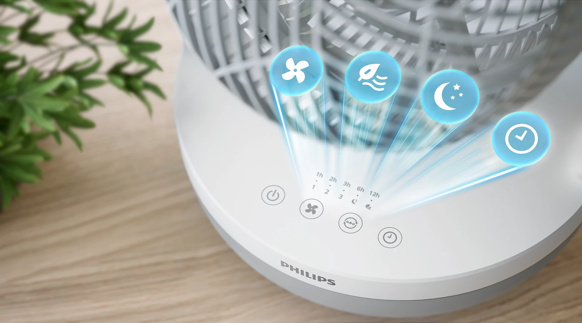 Nahaufnahme eines weißen Ventilators mit blauen Symbolen für Lüfter, Blatt, Mond und Uhr.