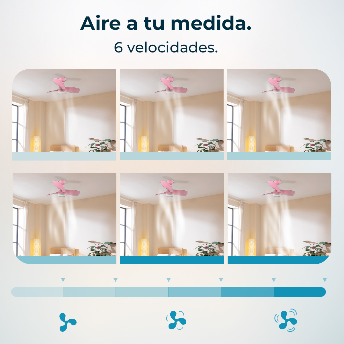 Seis ventiladores de techo rosas a diferentes velocidades en una habitación.