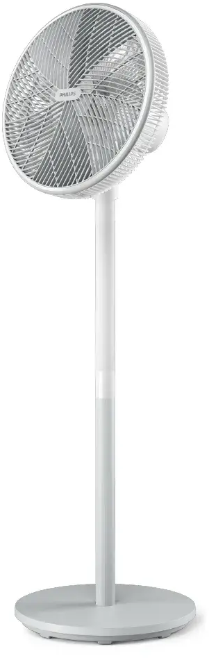 Ein weißer Standventilator mit rundem Sockel und schmalem Ständer.