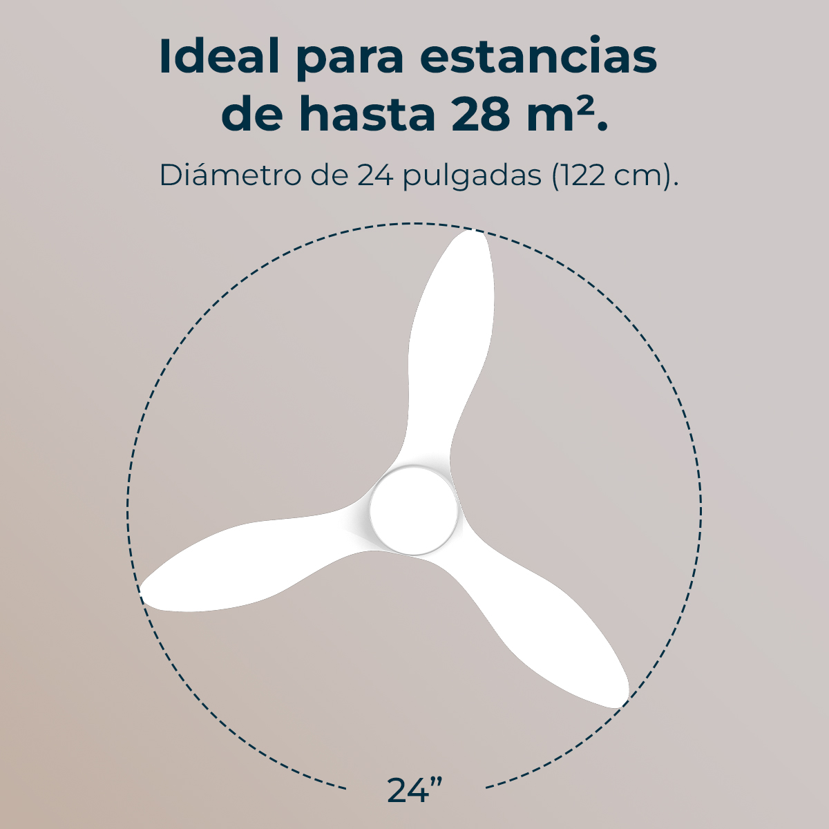 Un ventilador de techo blanco de tres aspas sobre fondo neutro. Diámetro: 24 pulgadas.