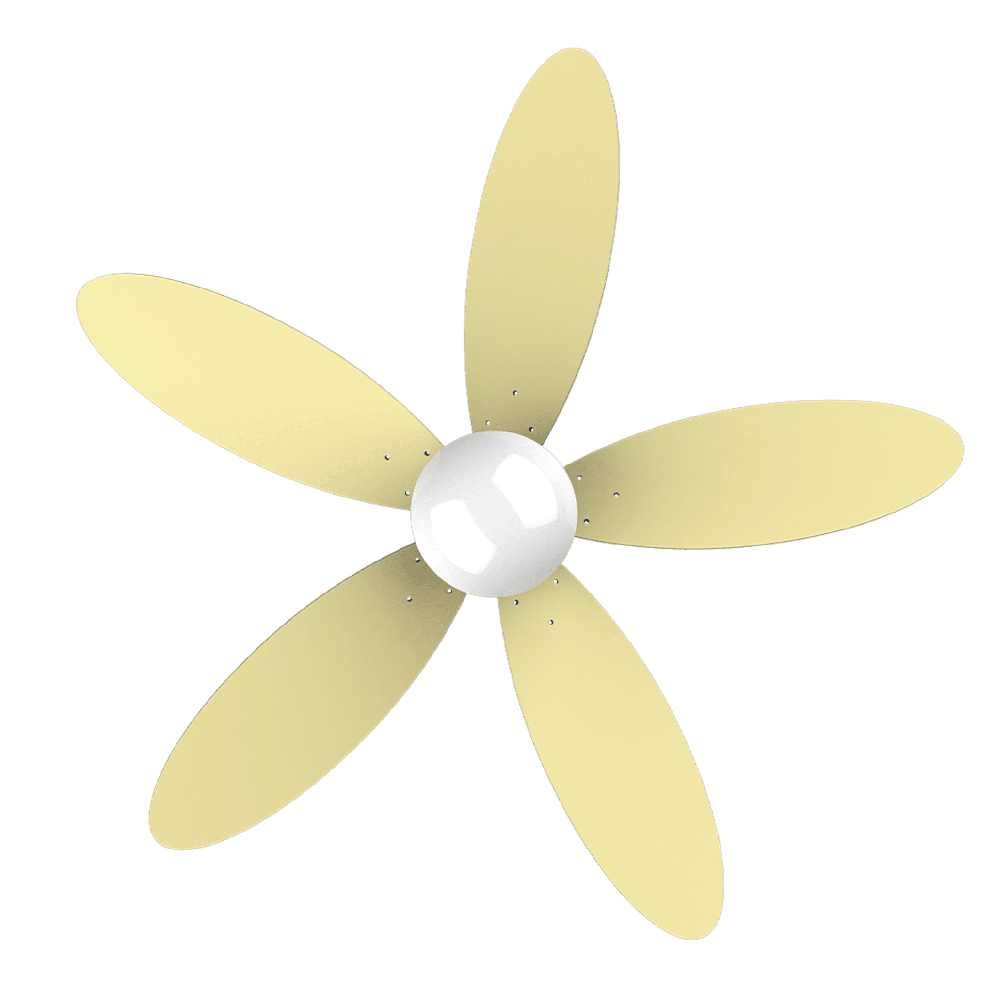 Un ventilador de techo con aspas de color crema y una bola blanca en el centro.