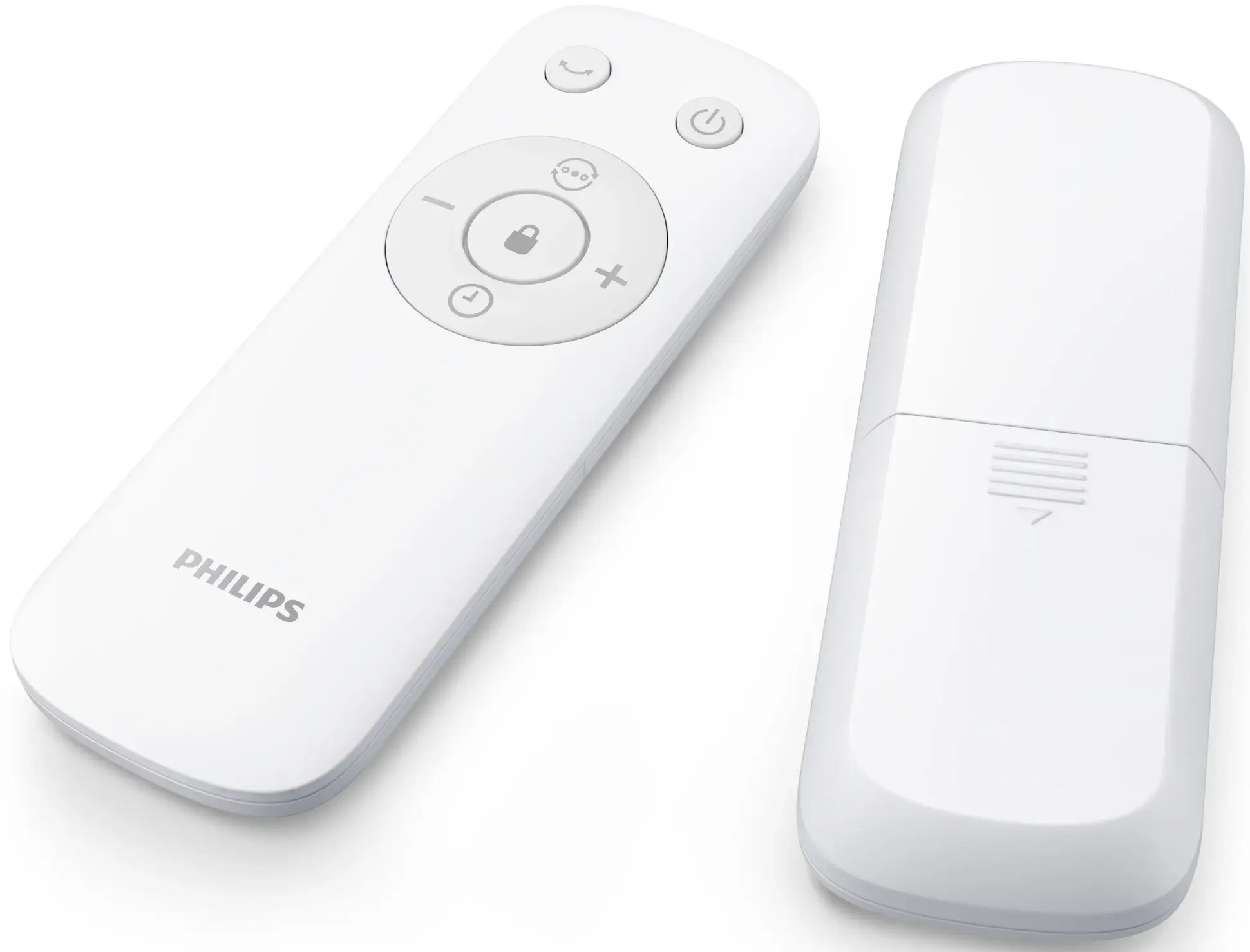 Zwei weiße Philips-Fernbedienungen, eine mit Tasten und eine glatte.