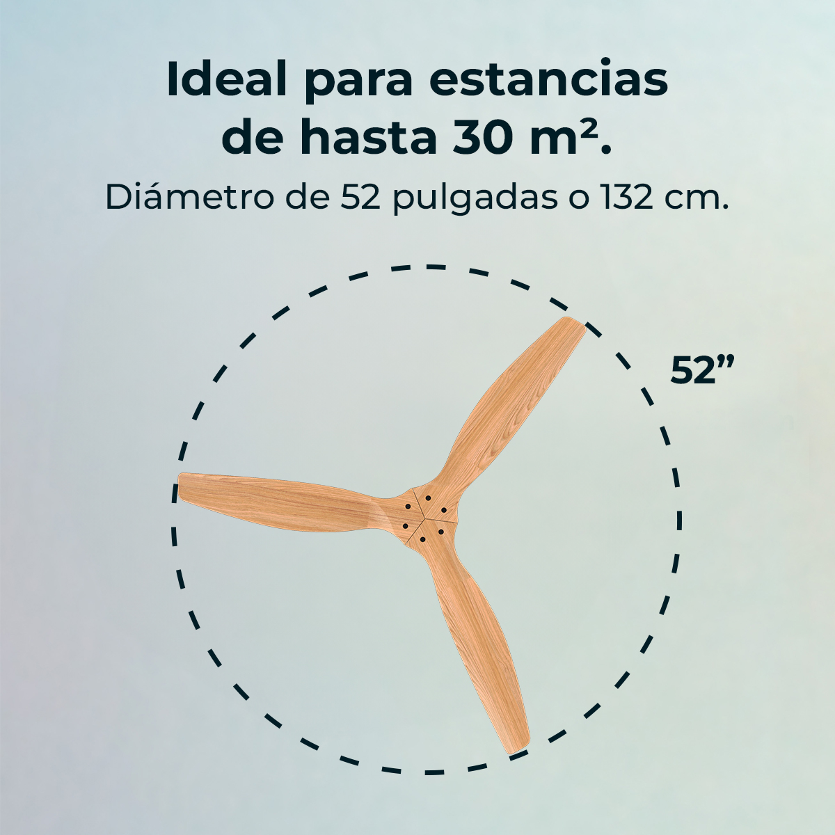 Ventilador de techo de madera, 3 aspas, 52 pulgadas, para hasta 30 m².
