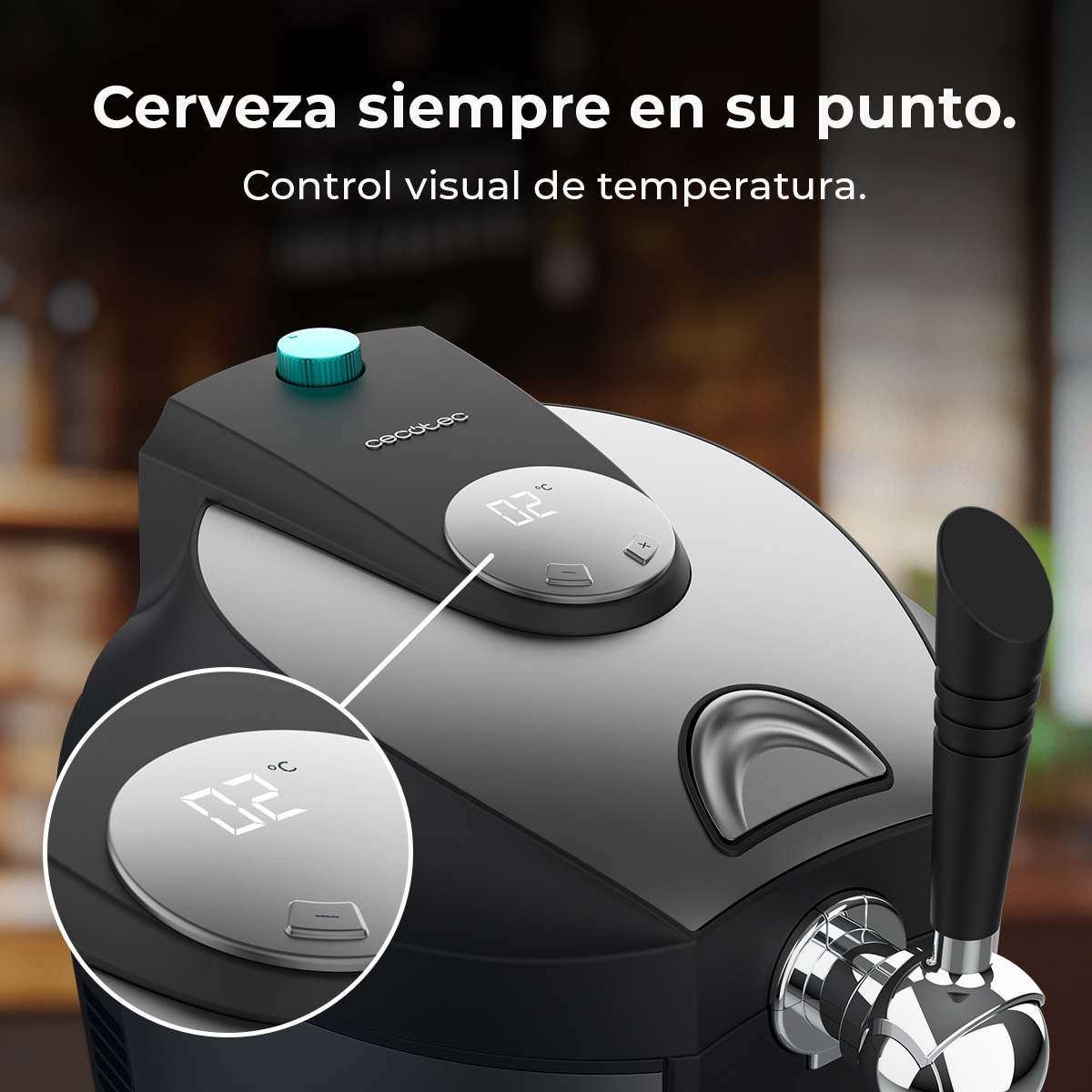 Primer plano de un dispensador de cerveza con pantalla digital de 0,2 grados Celsius.