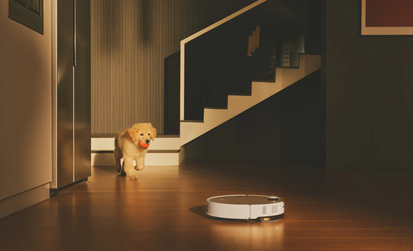 Un cucciolo di golden retriever con una palla e un robot aspirapolvere su un pavimento in legno.
