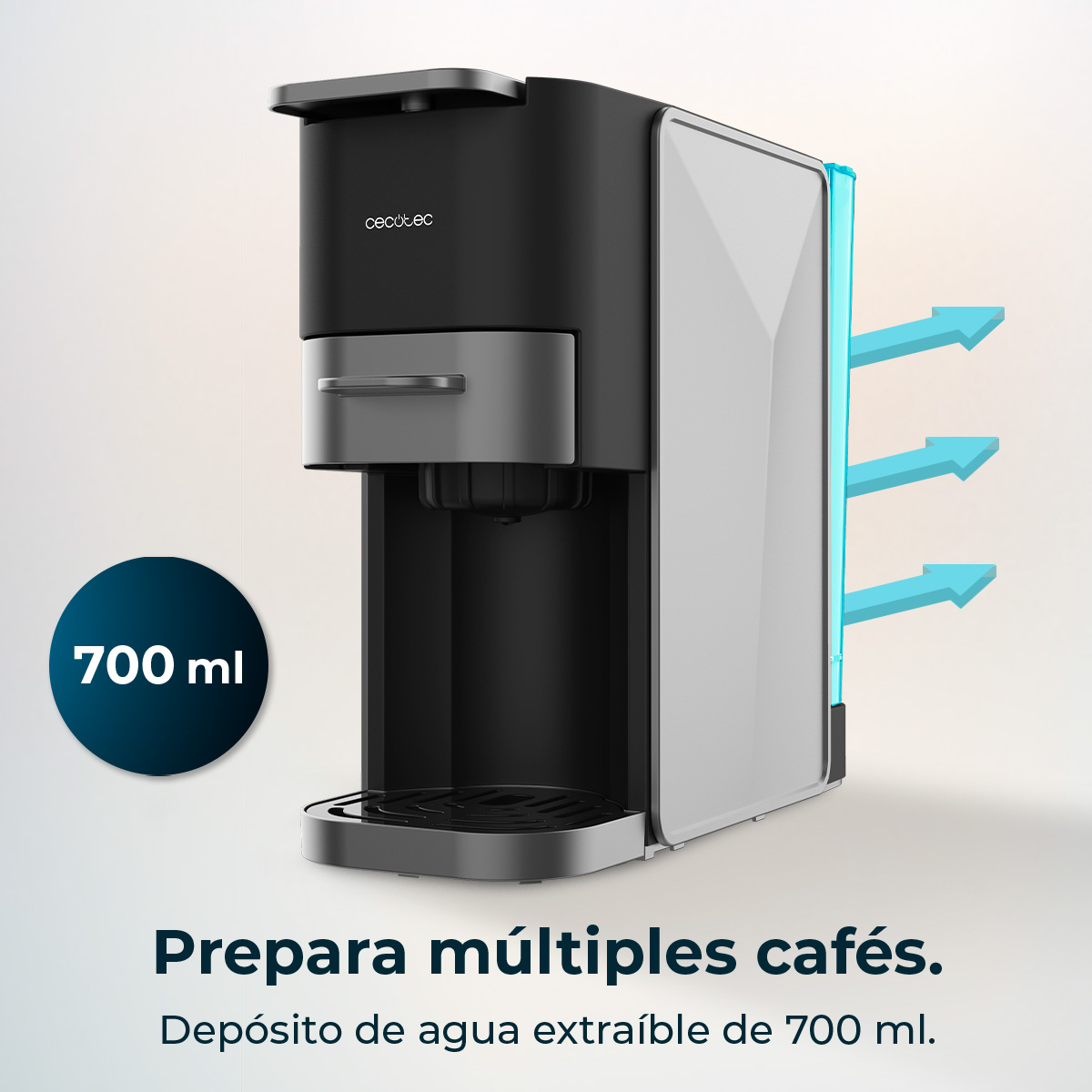 Cafetera blanca y negra con depósito de 700 ml. Flechas indican flujo de aire.