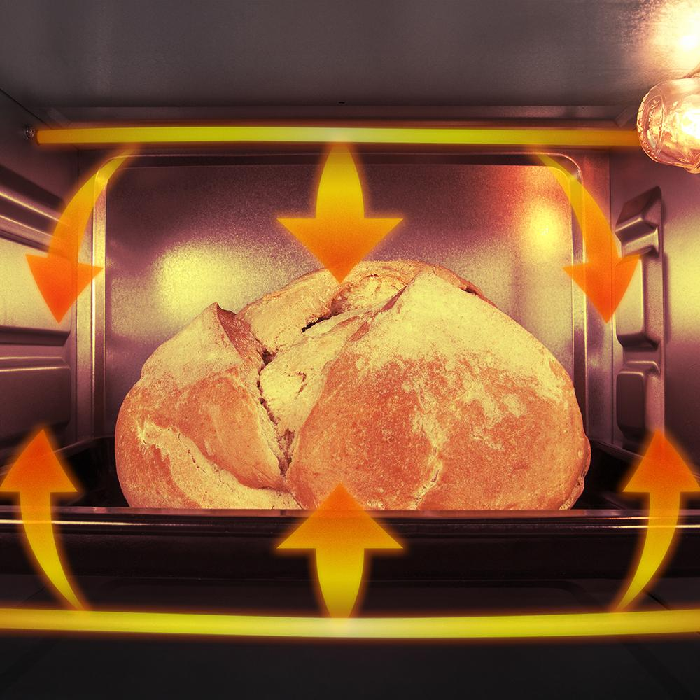 Un pan en un horno con flechas naranjas que muestran la circulación del aire.