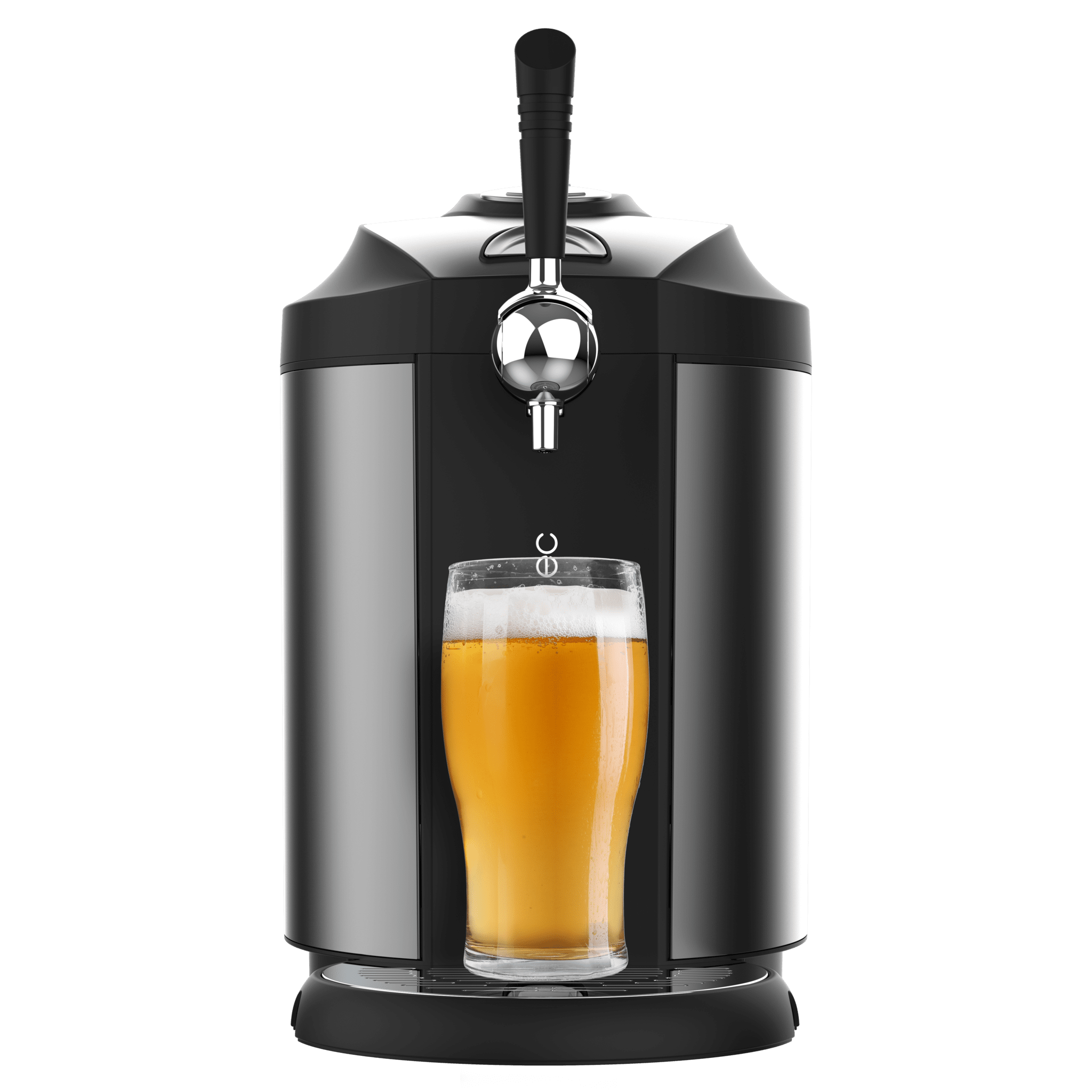 Un vaso de cerveza frente a un grifo con mango negro sobre fondo verde.