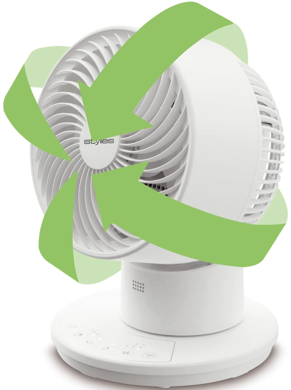 Ein weißer Ventilator mit grünen Pfeilen, die eine Luftzirkulation anzeigen.