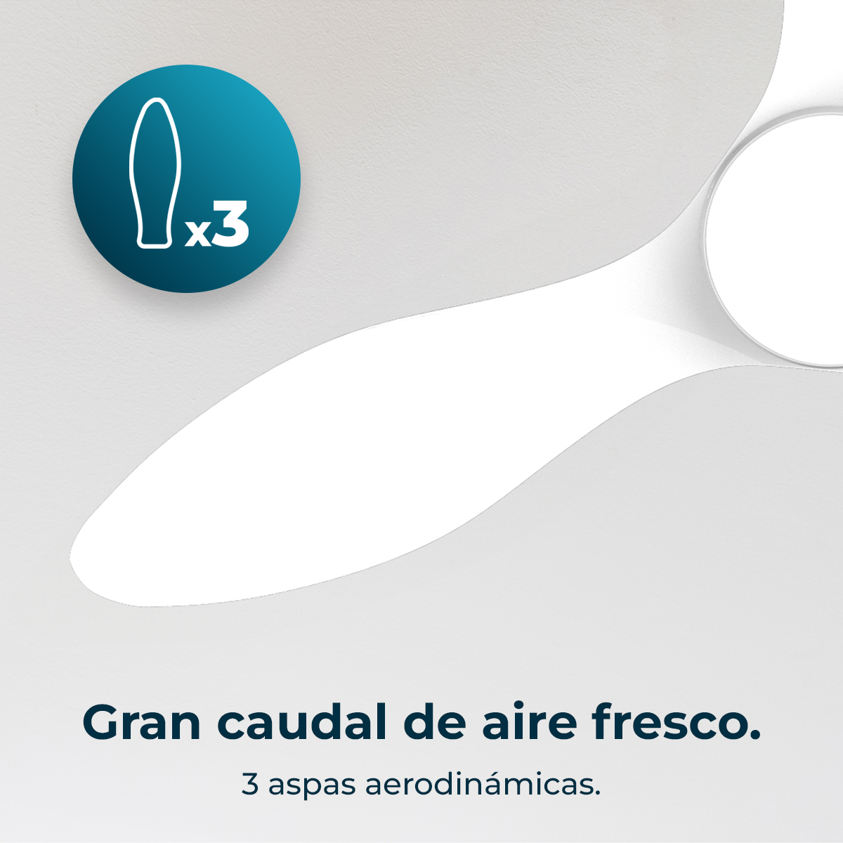 Una pala de ventilador blanca con bordes aerodinámicos, símbolo de tres aspas.