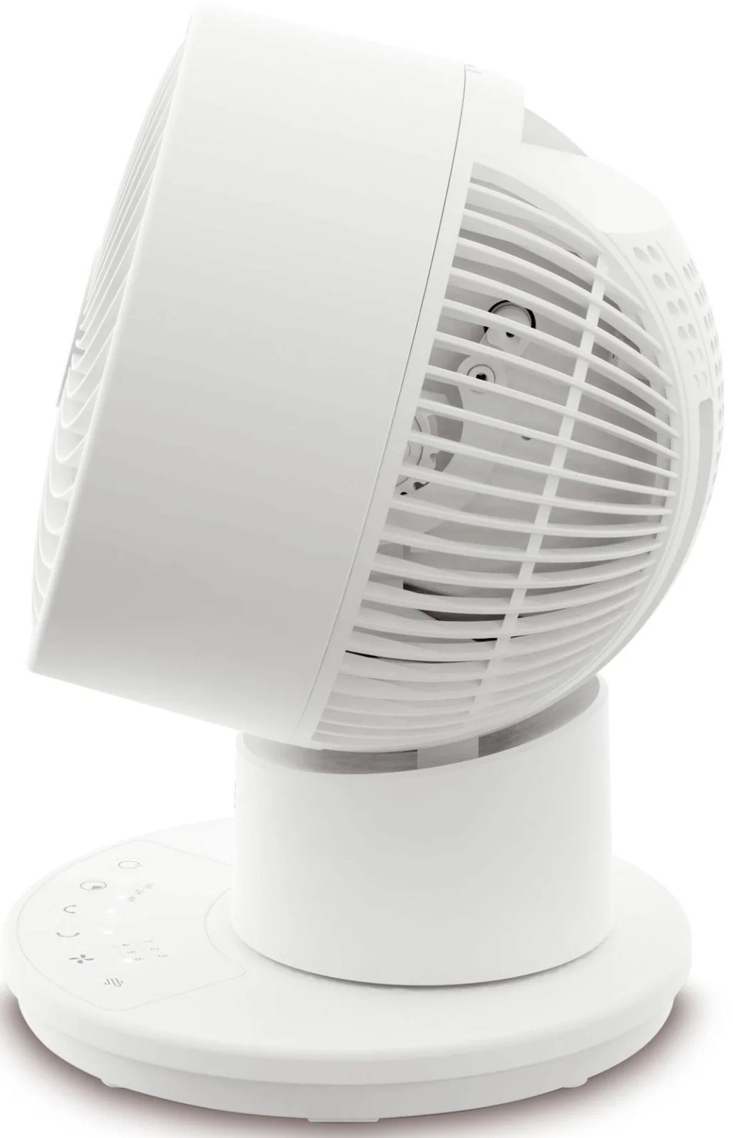 Ein weißer Ventilator mit Touch-Bedienelementen auf einem runden Sockel.