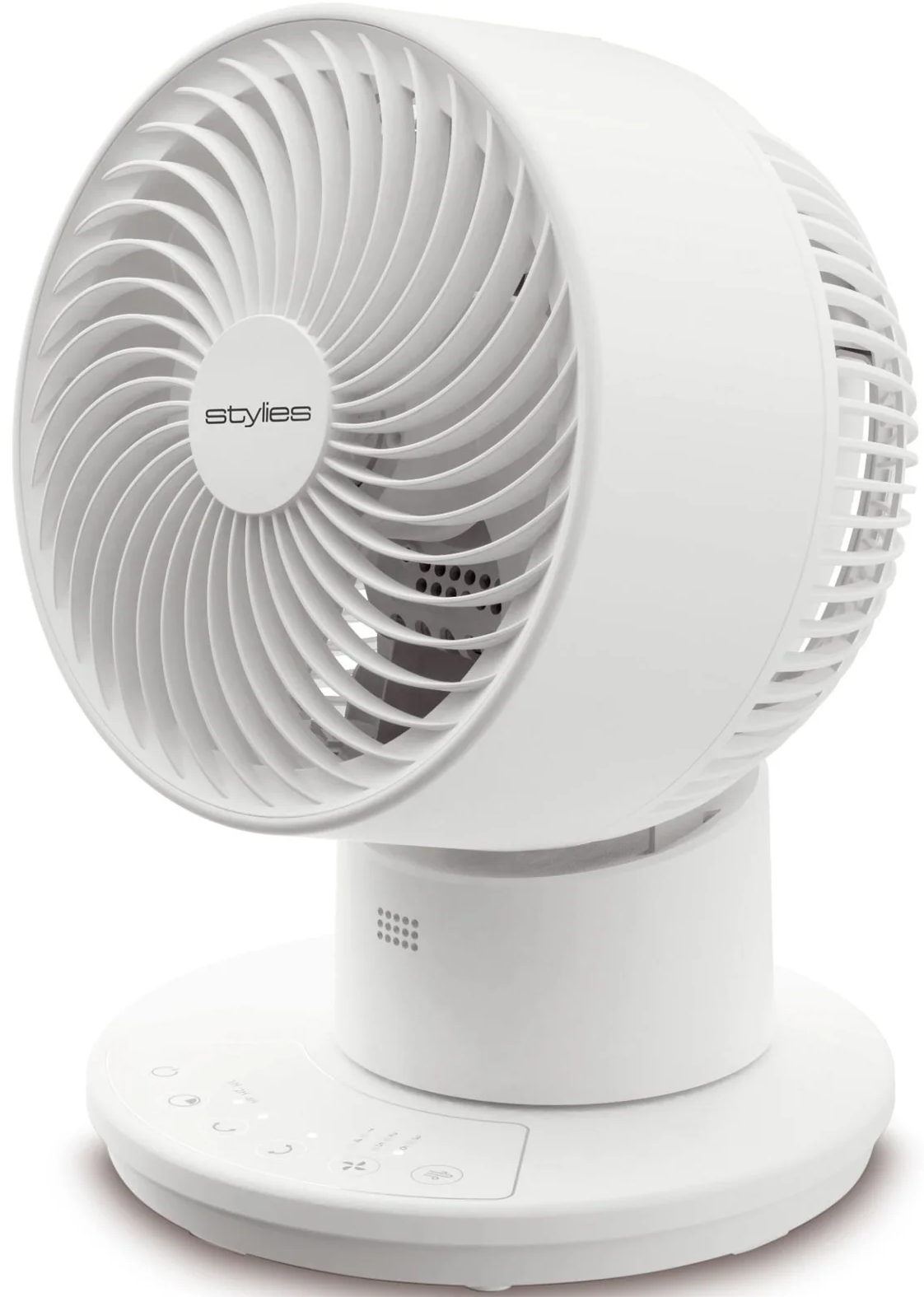 Ein weißer Tischventilator mit Rillen und einem "stylies"-Logo auf dem Gitter.