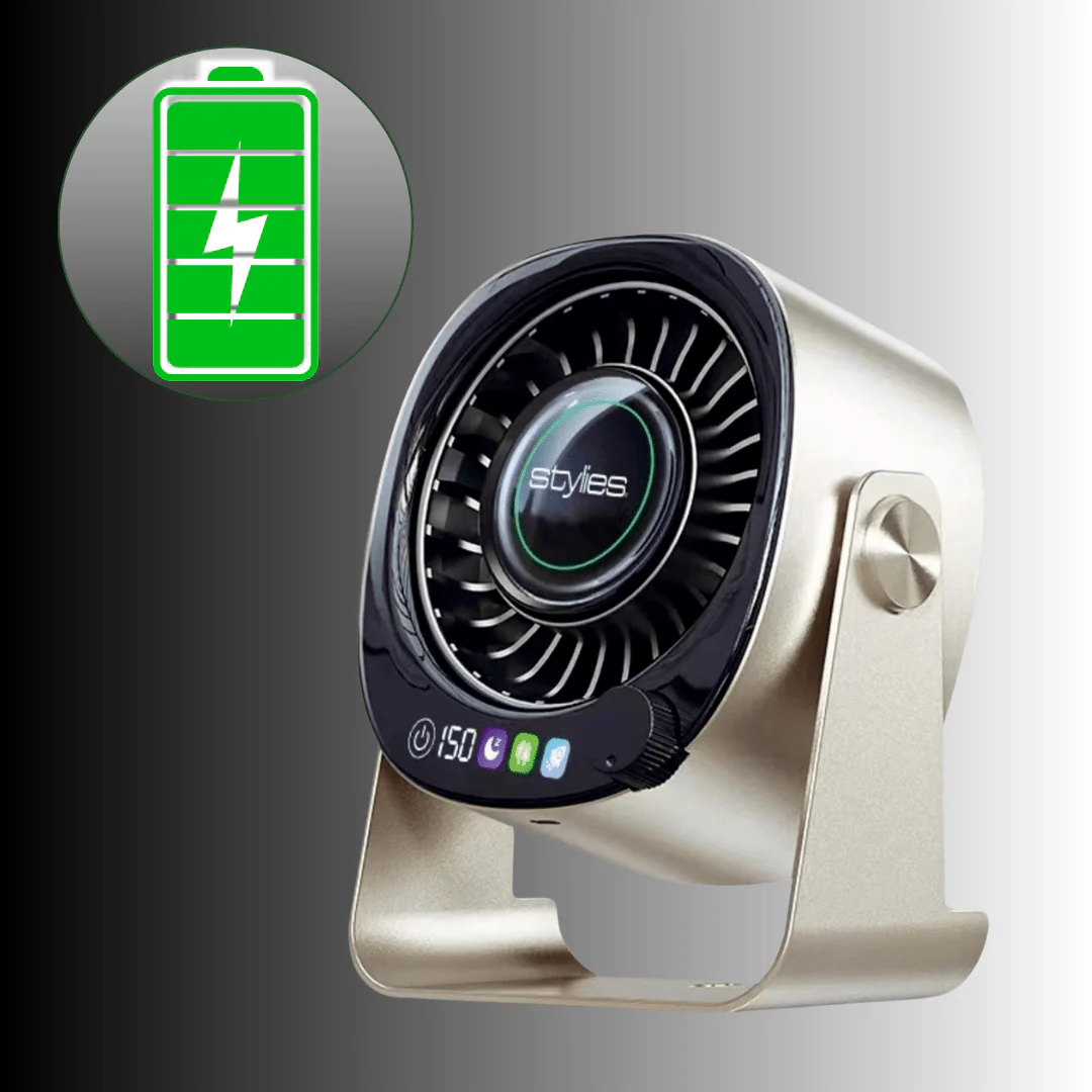 Ein goldener Ventilator mit einem grünen Batteriesymbol und Blitz.