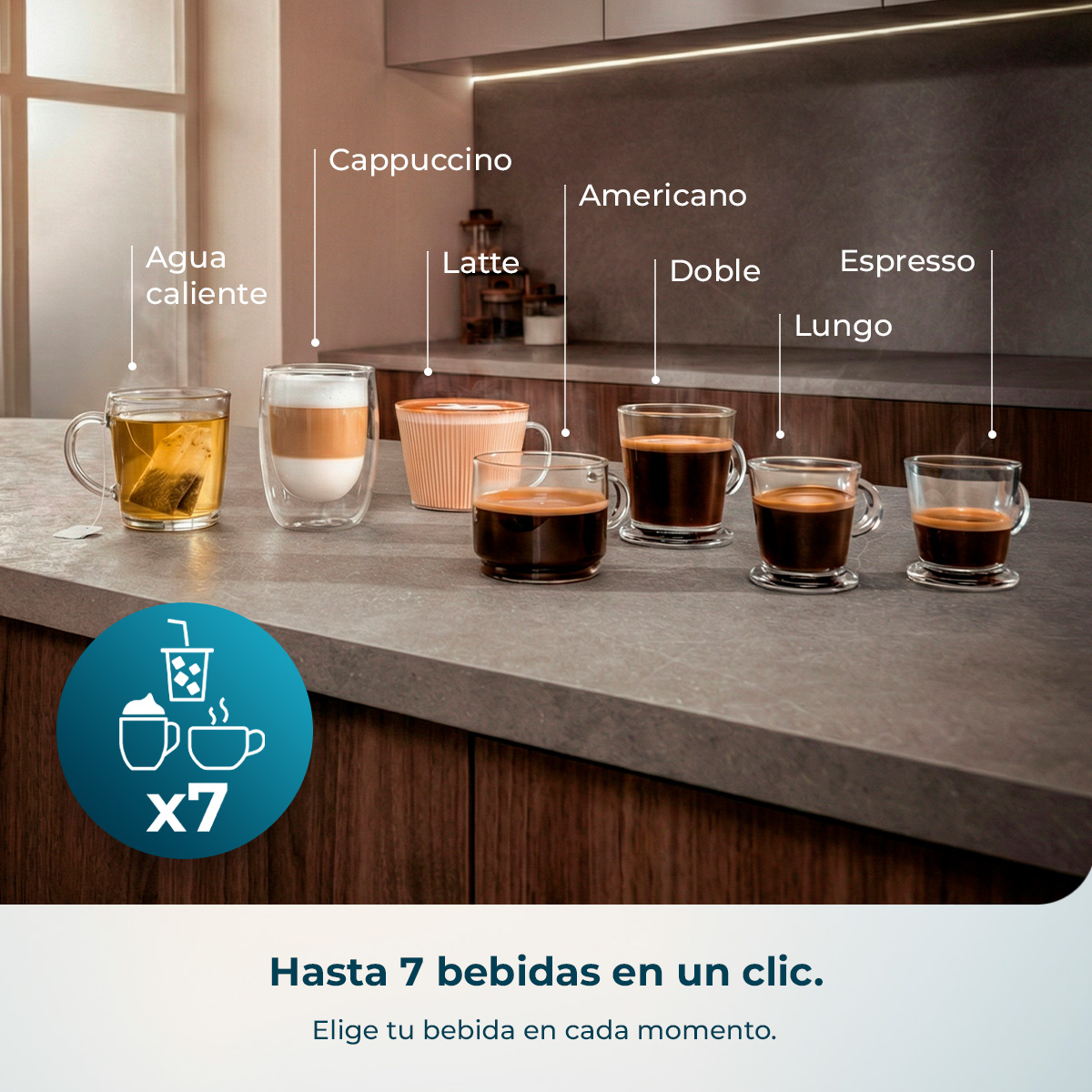 Varias bebidas de café y un té sobre una encimera.