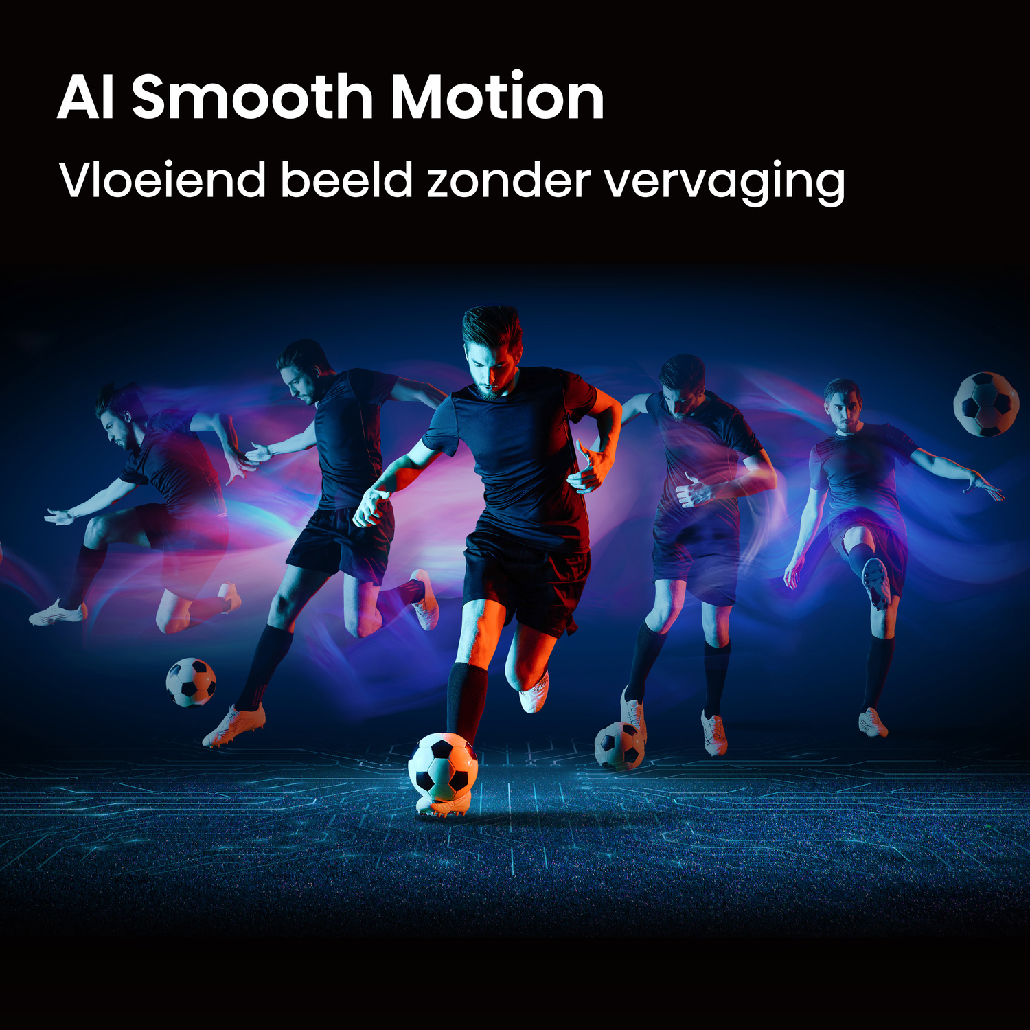 Voetballers in beweging met lichteffecten op een donkere achtergrond.