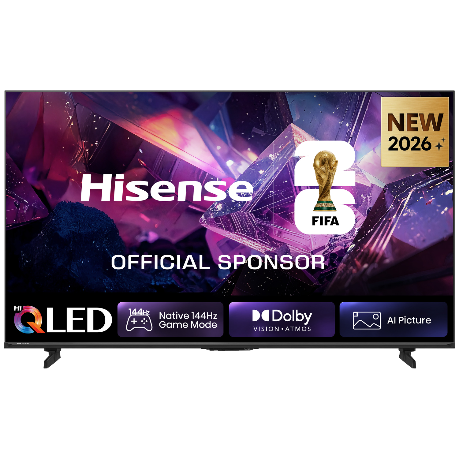 Hisense QLED TV met FIFA WK 2026 logo, AI Picture, Dolby Vision Atmos.