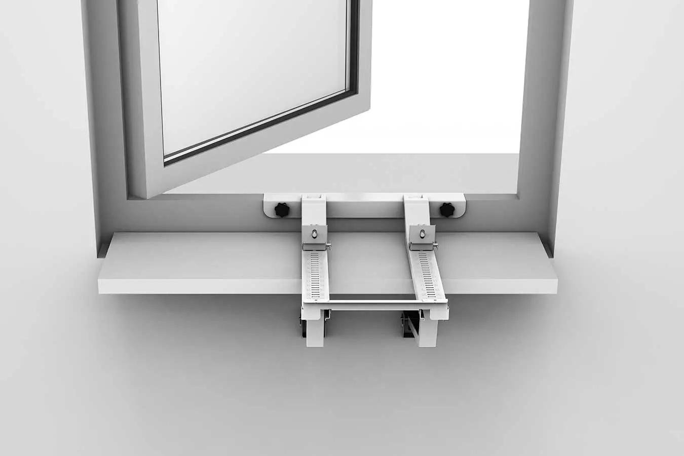 Ein Fensterrahmen mit geöffnetem Fenster und einer weißen Ablage darunter.