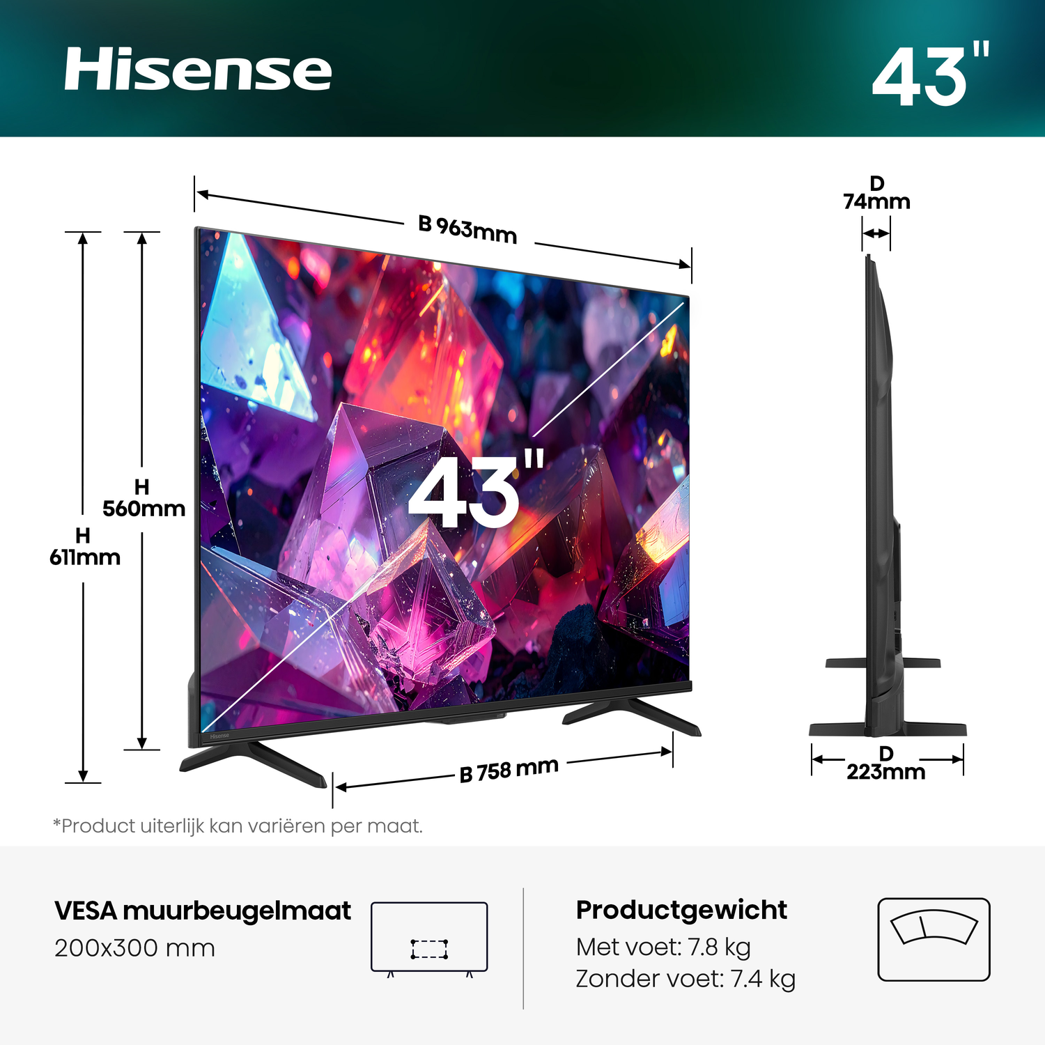 Hisense 43-inch TV met afmetingen: Breedte 963mm, Hoogte 560mm, Diepte 74mm.