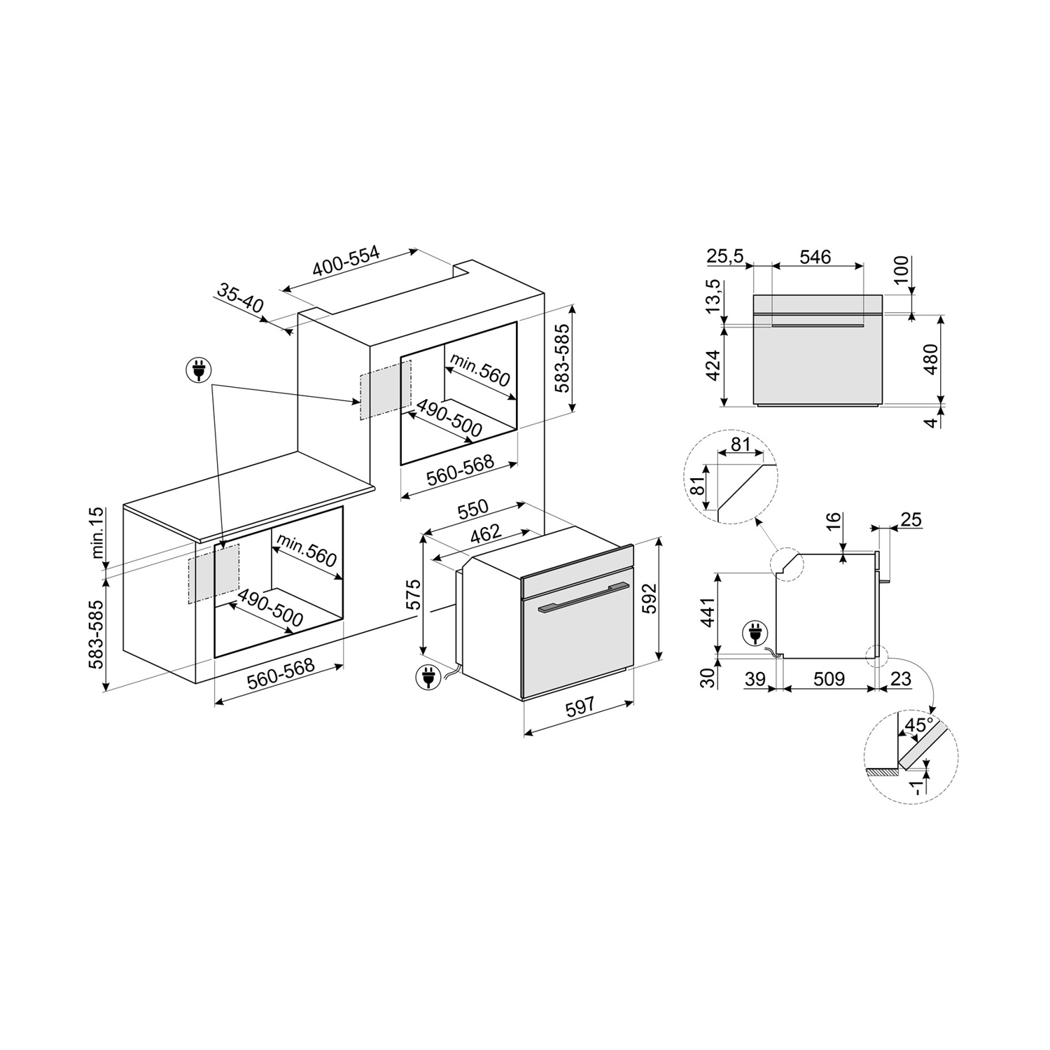 Disegno tecnico di un elettrodomestico da incasso con dimensioni e dettagli installazione.