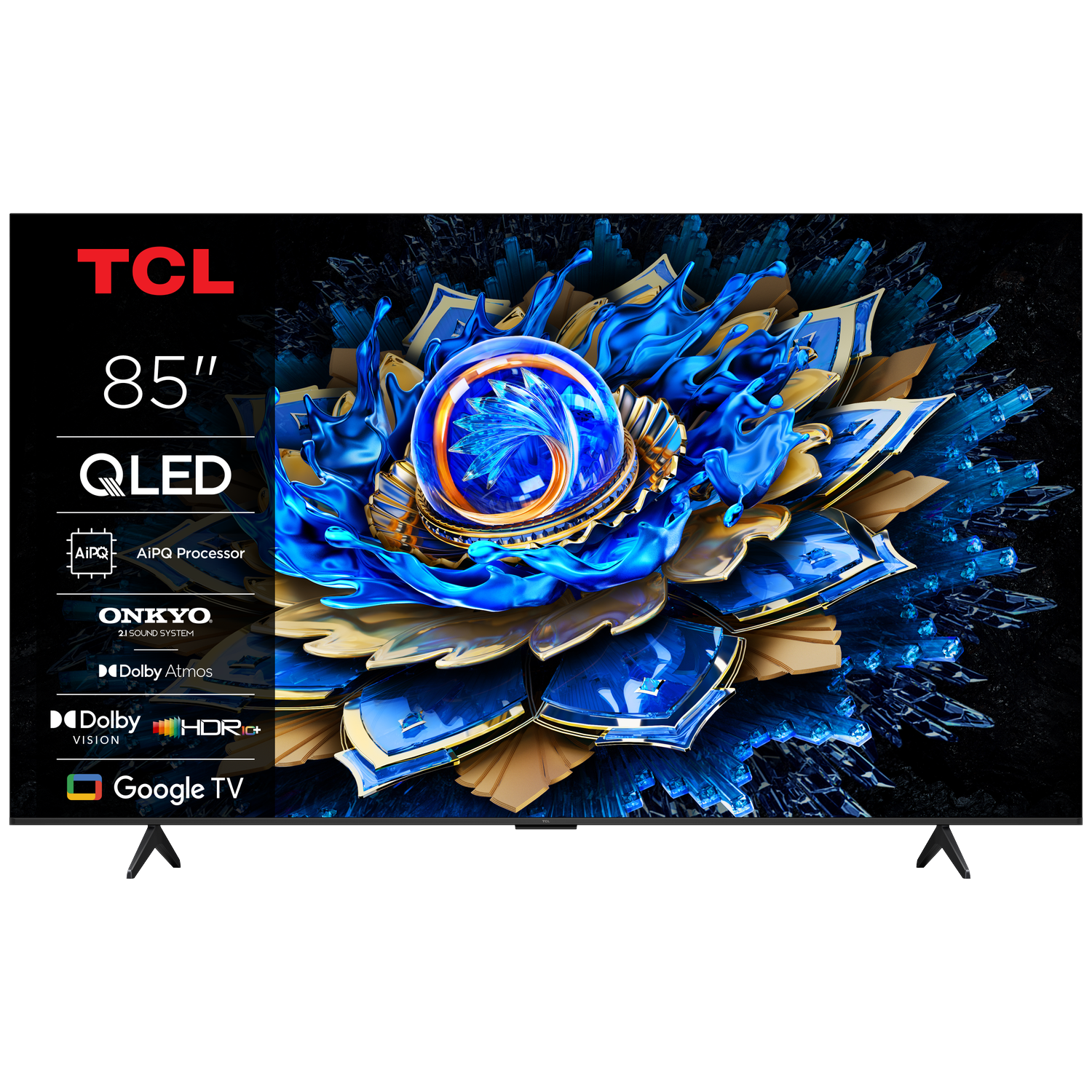 Een 85-inch TCL QLED TV met een levendig blauw en gouden patroon.