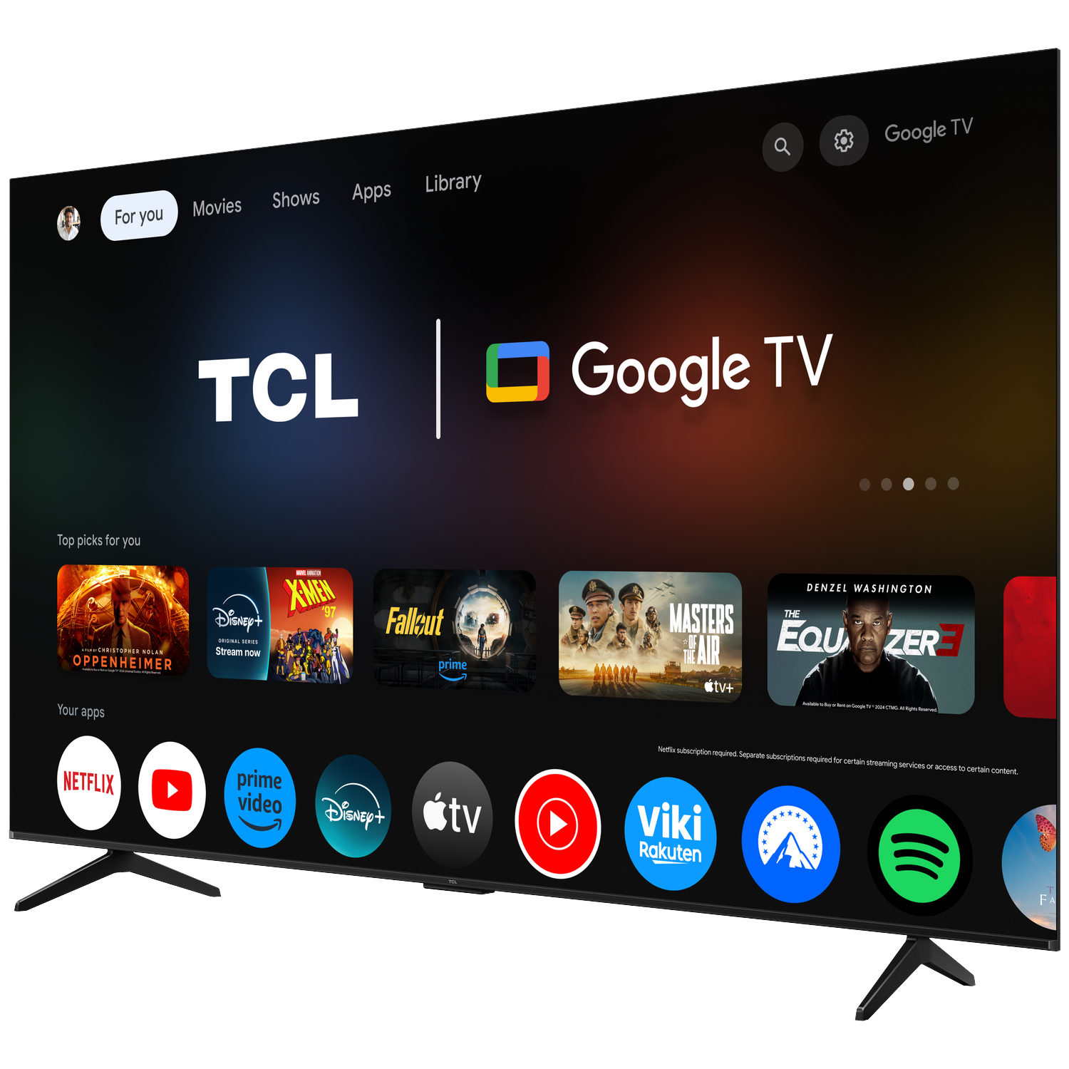 Een TCL Google TV-startscherm met apps zoals Netflix, Prime Video en Disney+.