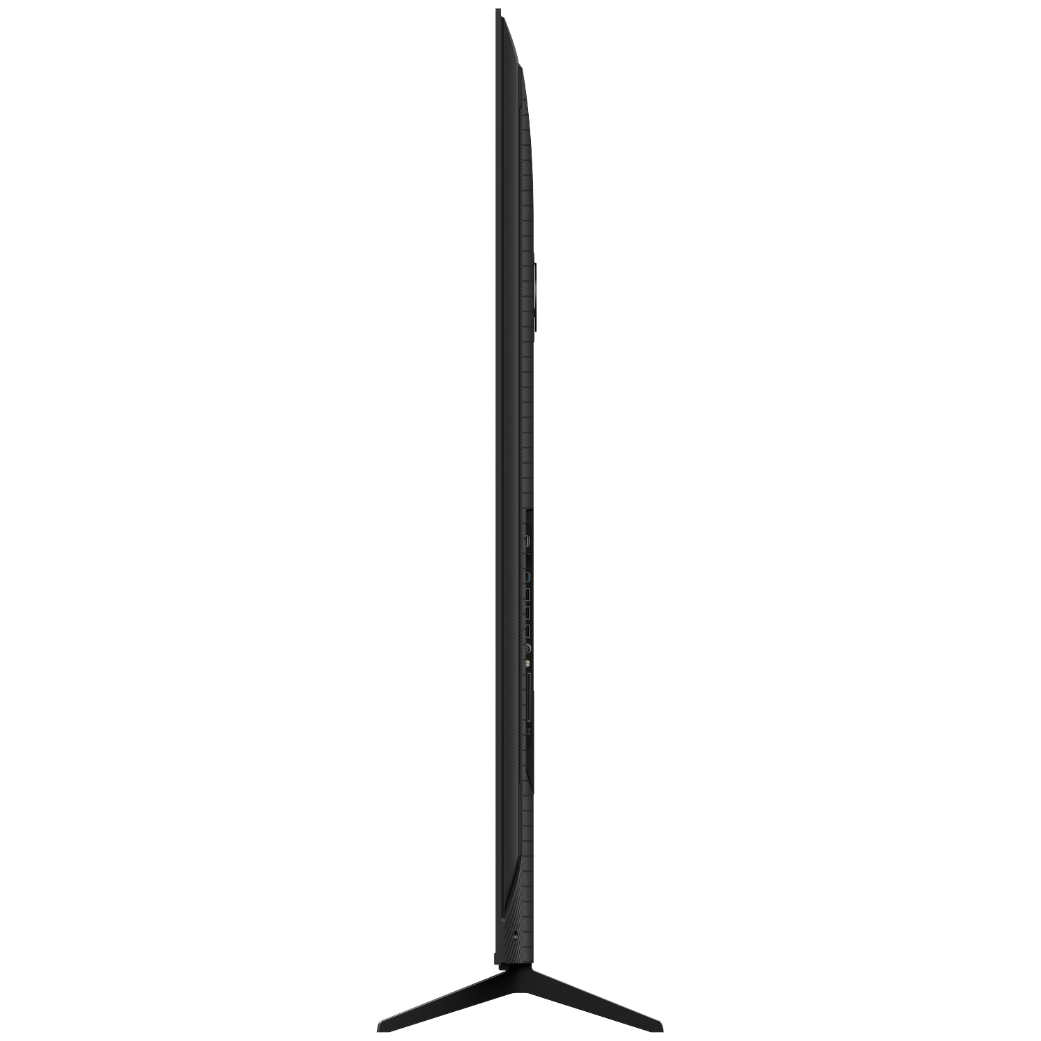 Zwarte flatscreen televisie van de zijkant met poorten.