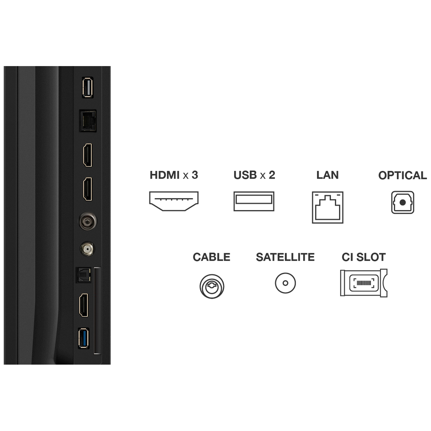 Poortenoverzicht: HDMI, USB, LAN, Optisch, Kabel, Satelliet, CI-slot.