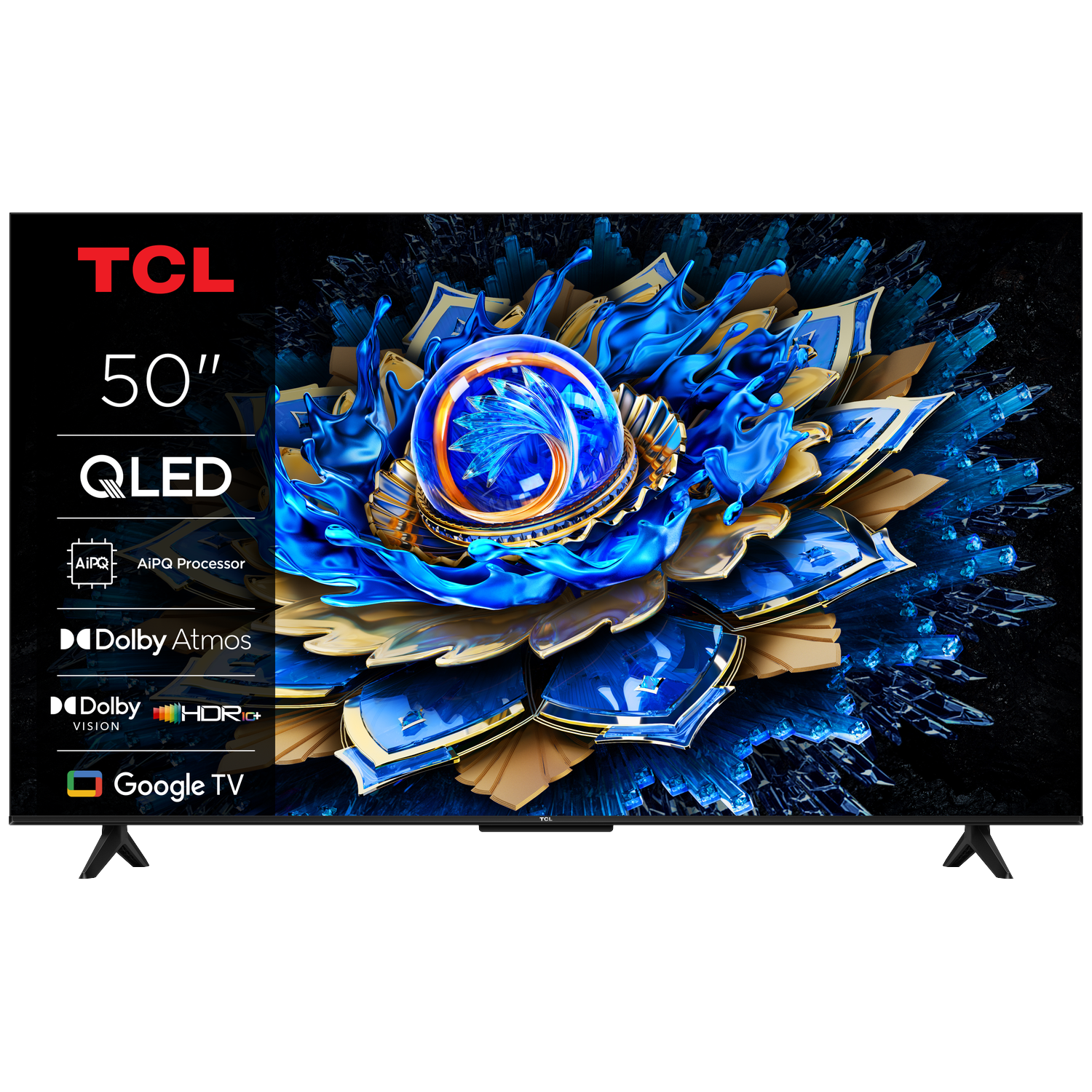 Een 50-inch TCL QLED TV met een levendige, abstracte blauwe en gouden afbeelding.