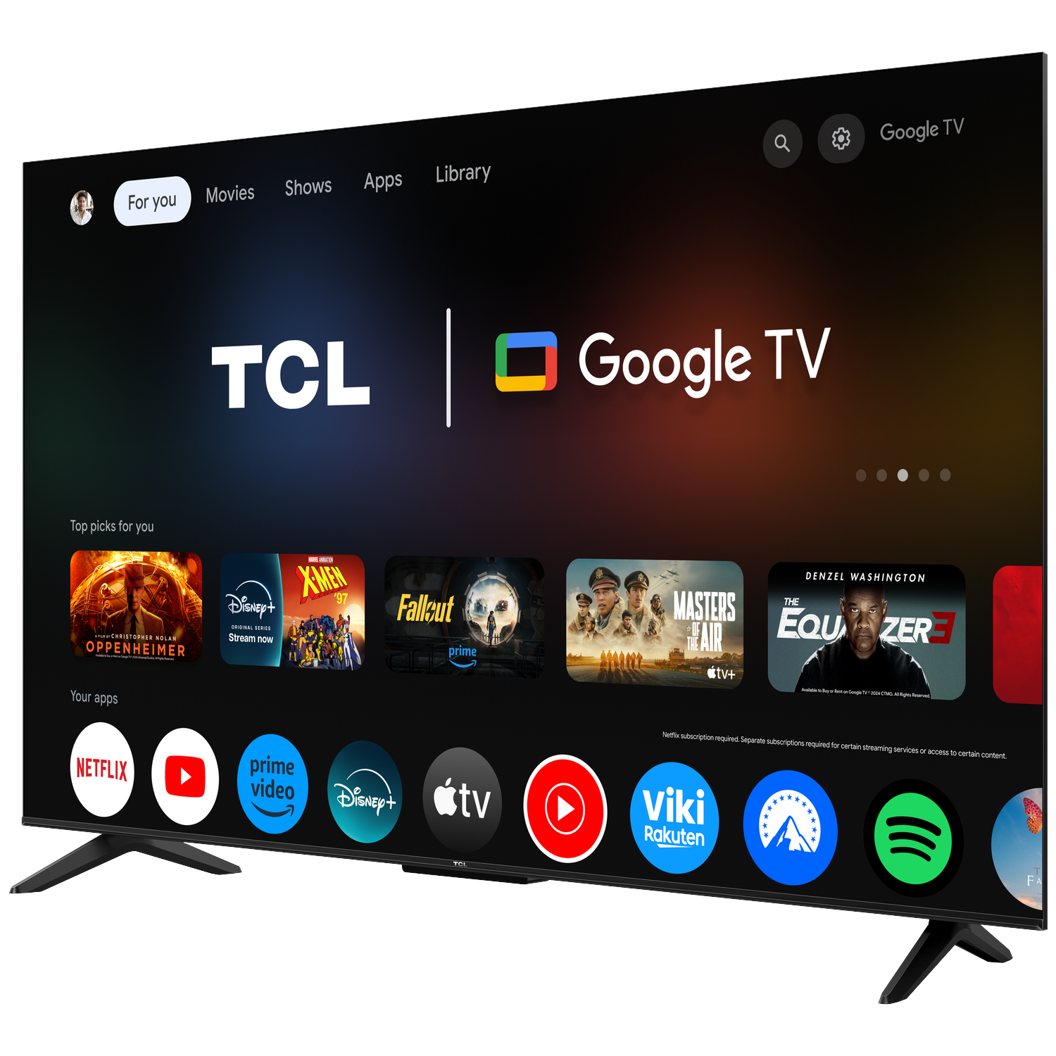 TCL Google TV startscherm met apps zoals Netflix, YouTube en Prime Video.