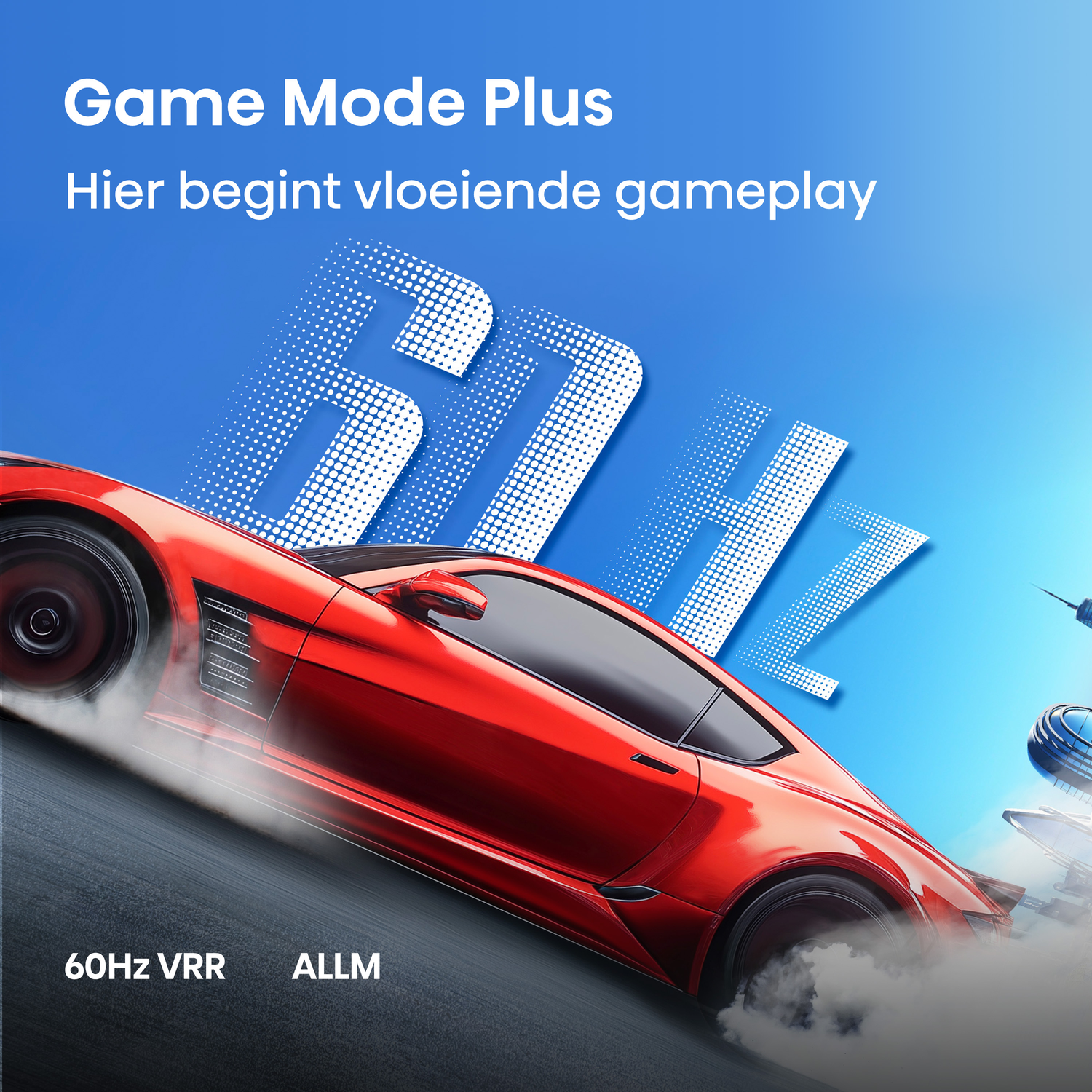 Een rode sportauto met rook van banden, 60Hz VRR, ALLM.