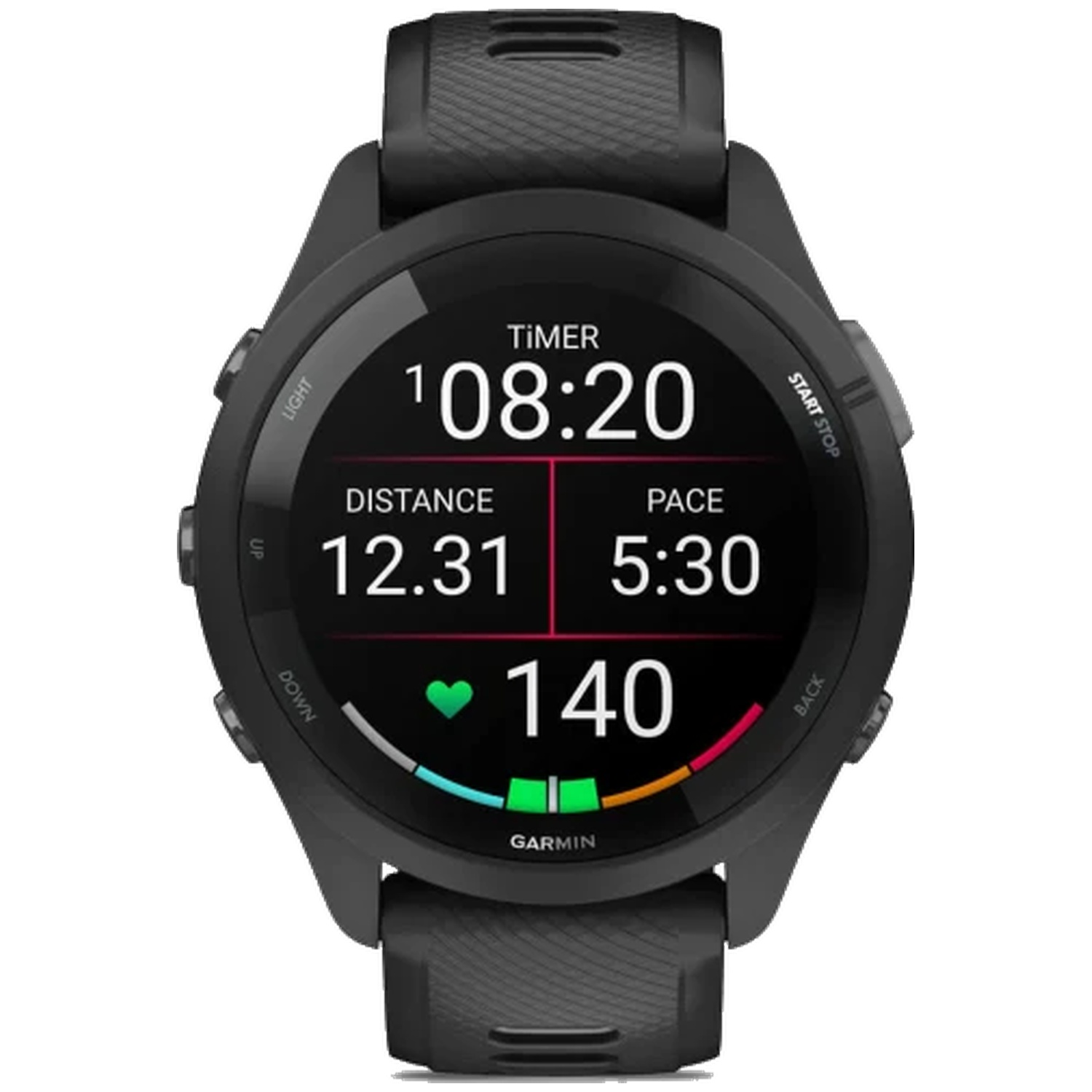 Black Garmin smartwatch showing timer, distance, pace, and heart rate.