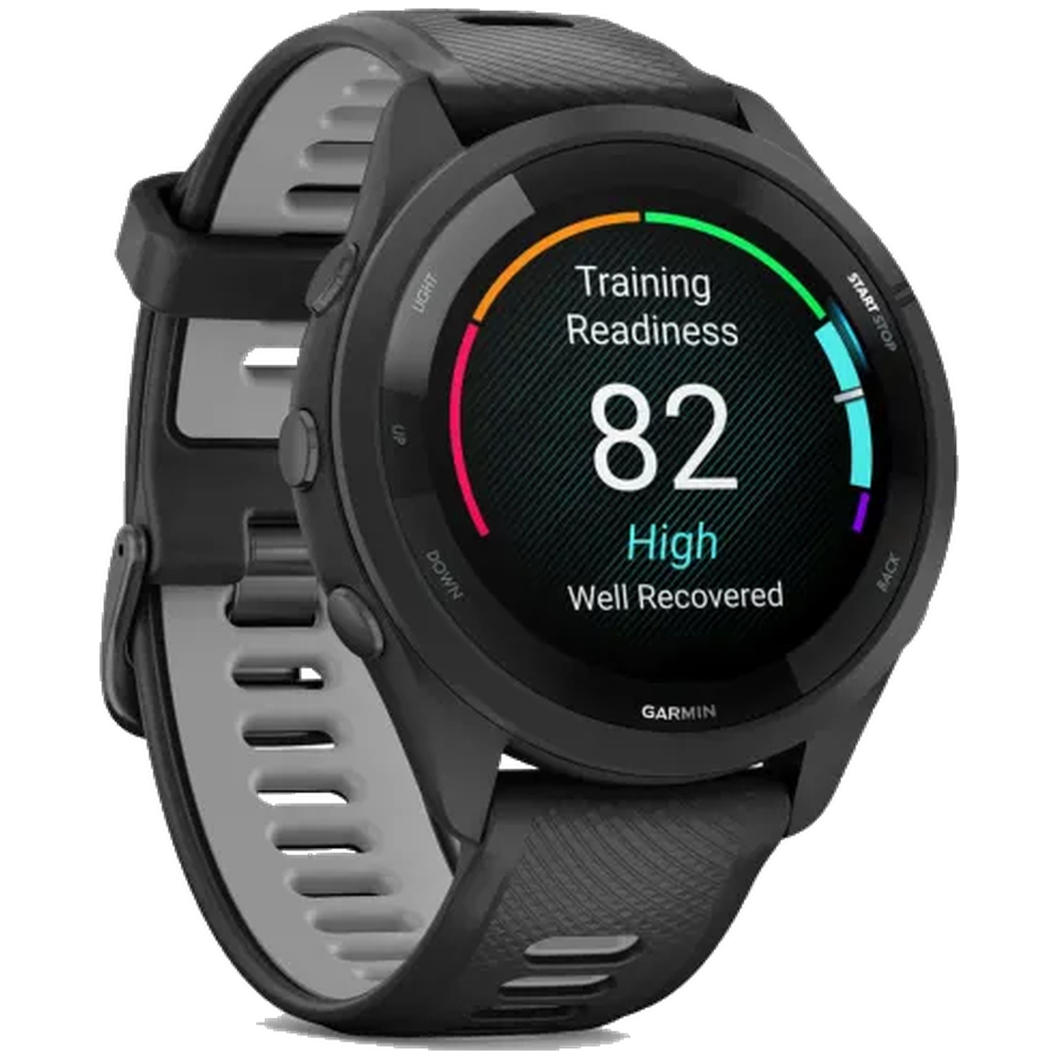 A black Garmin smartwatch displays a training readiness score of 82.