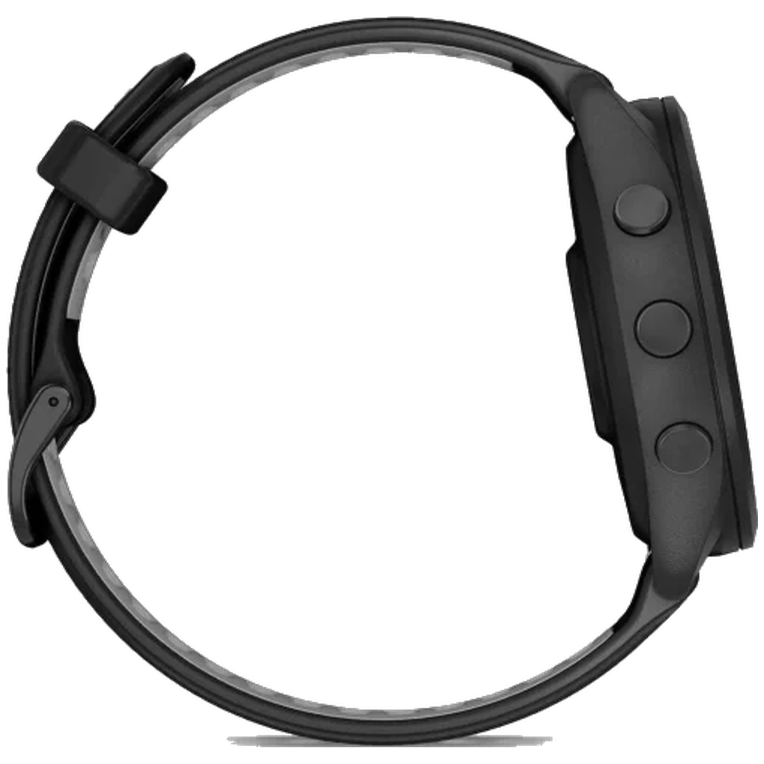 Black smartwatch with strap and three side buttons.