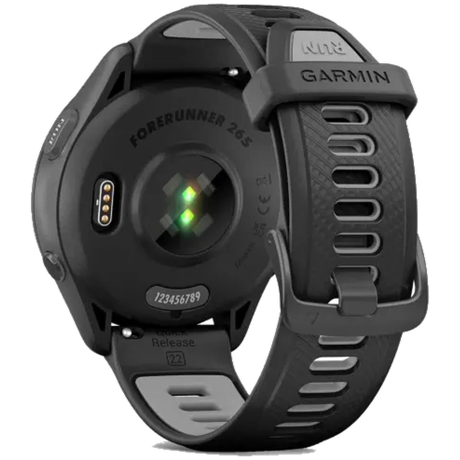 Back of a black Garmin Forerunner 265 sports watch with heart rate sensor.