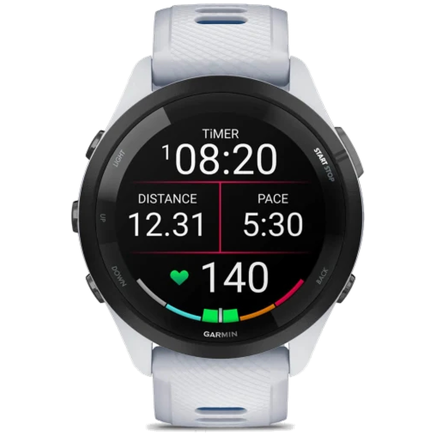 A white smartwatch with a black display showing timer, distance, pace, and heart rate.