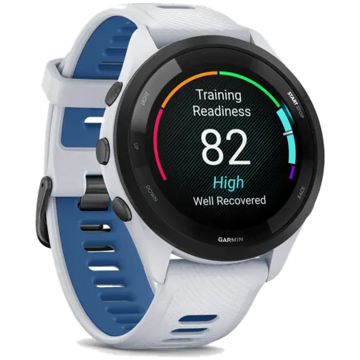 White smartwatch with blue accent, displays 82 Training Readiness.