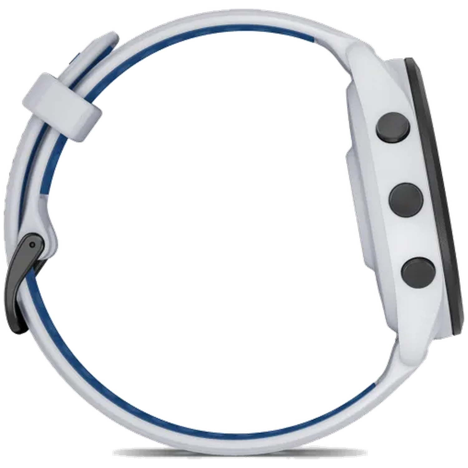 White sports watch with blue stripes on the band and three black buttons on the side.