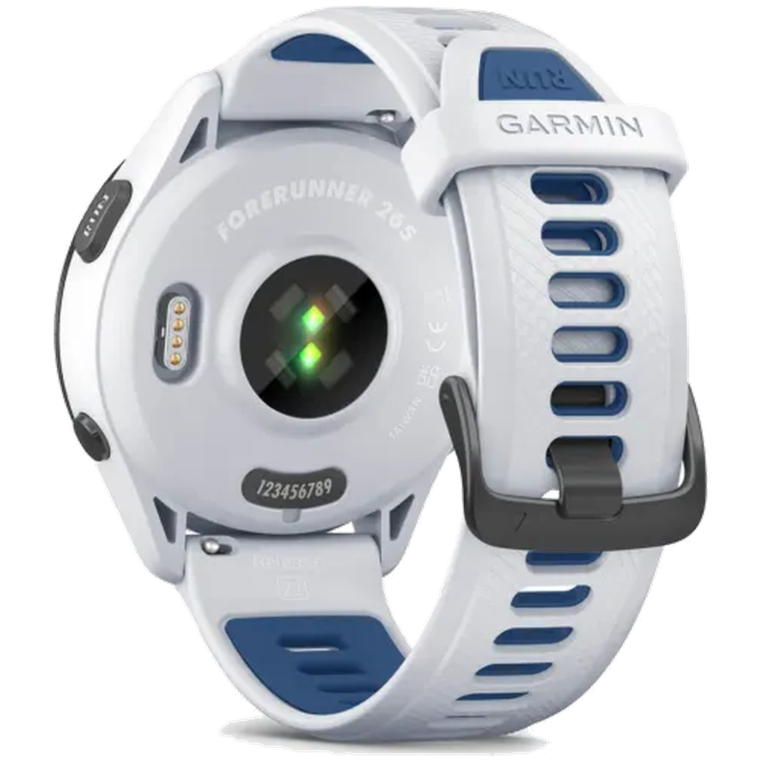 White Garmin Forerunner 265S watch with blue accents and heart rate monitor.