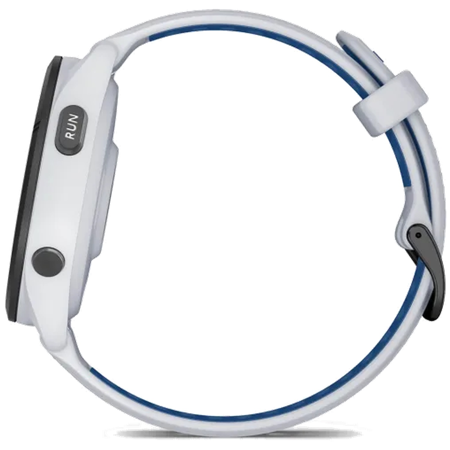 White smartwatch with blue stripe, 'RUN' button and black button.