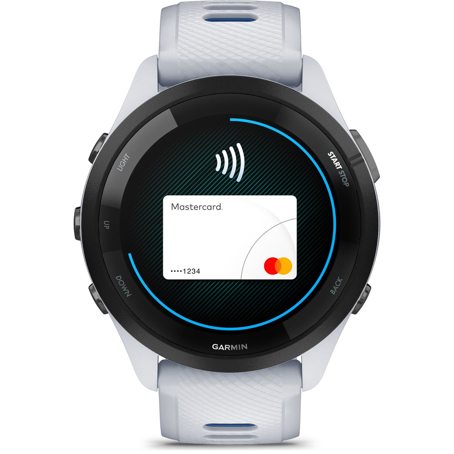 Garmin smartwatch with Mastercard contactless payment display.