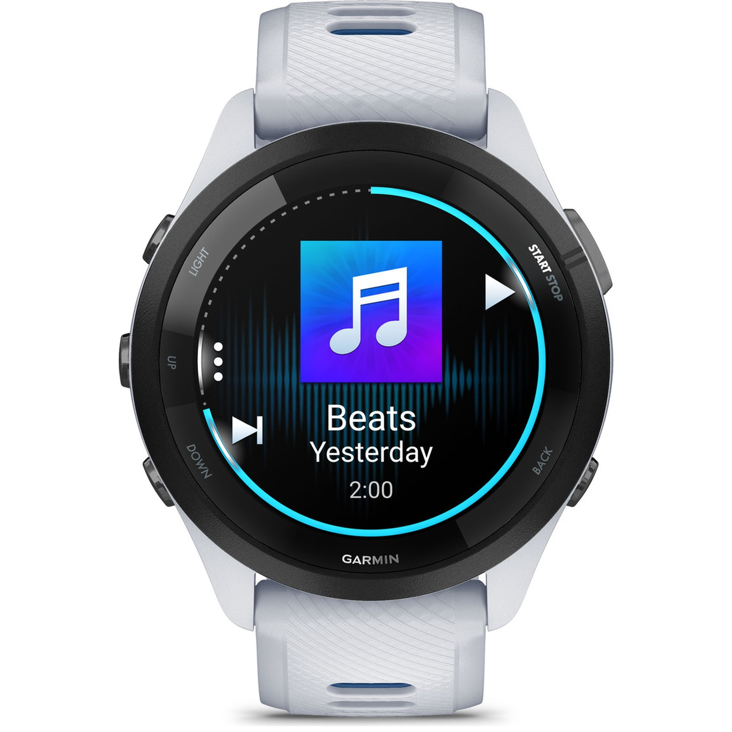 White smartwatch displaying music app, song "Beats Yesterday", 2:00.