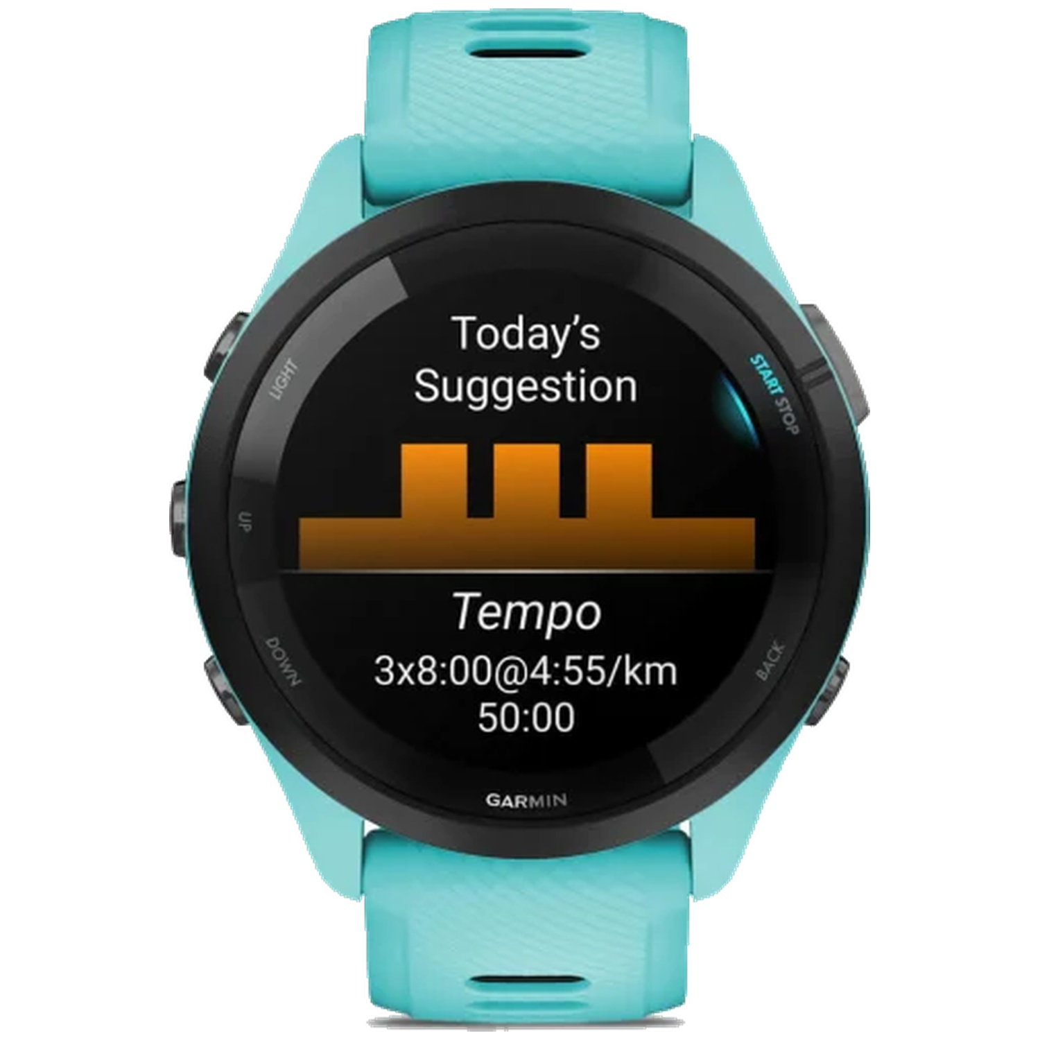 Turquoise smartwatch with training suggestion displayed on screen.