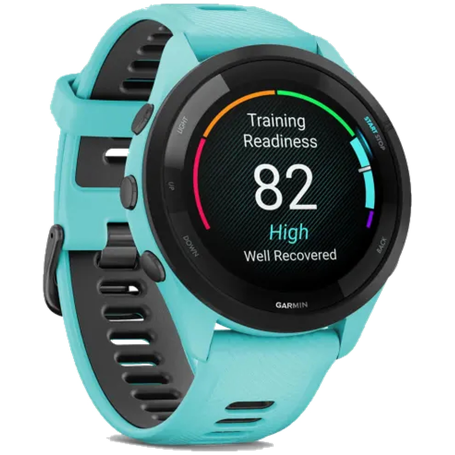 Turquoise Garmin watch displaying Training Readiness: 82, High, Well Recovered.