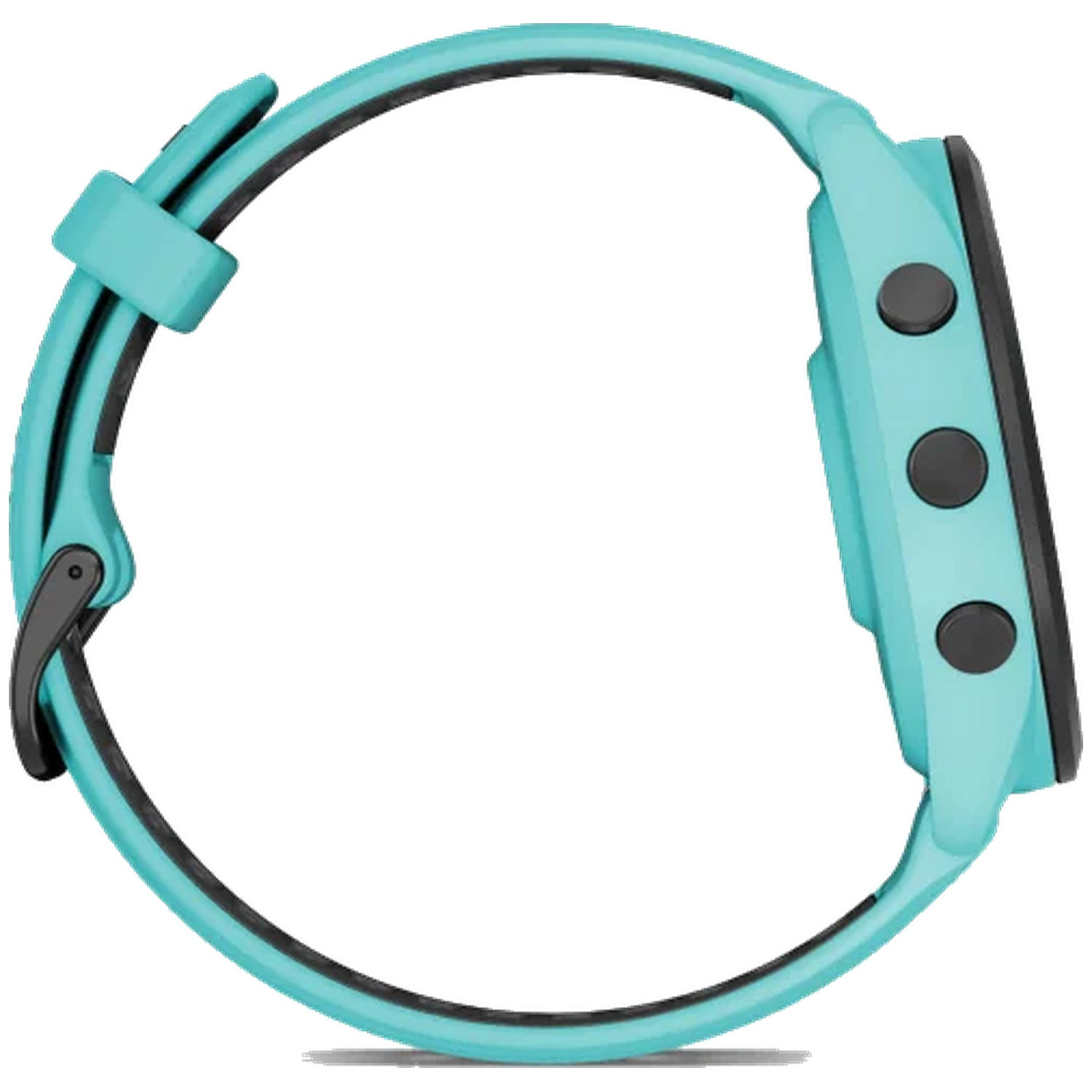 Turquoise smartwatch with black buttons and strap, shown in profile view.