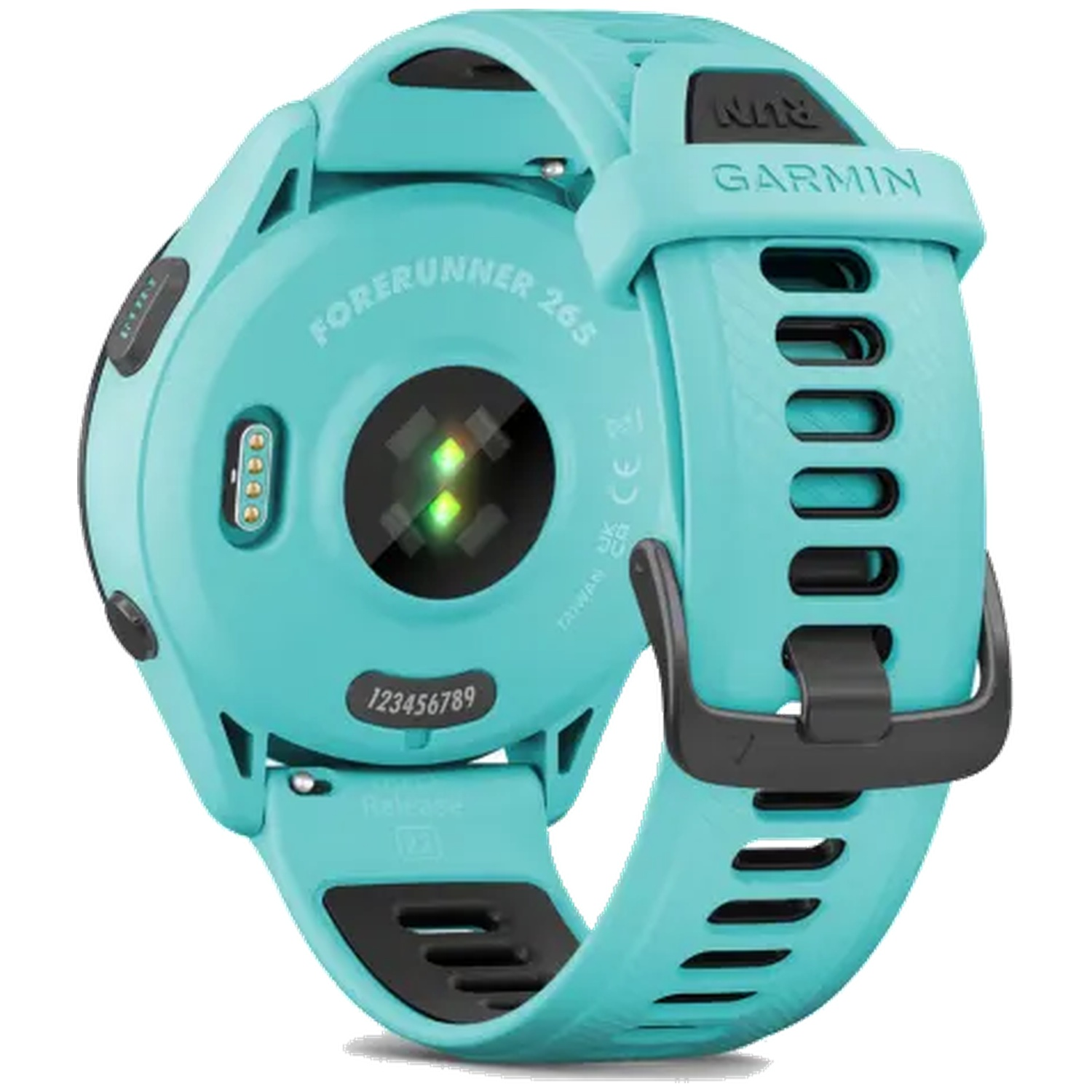 Teal Garmin Forerunner 265 smartwatch with heart rate sensor and black band.