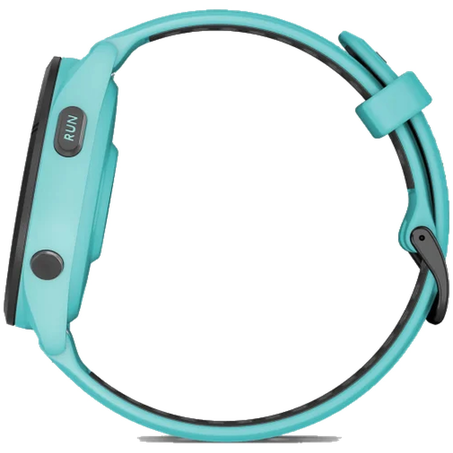 Turquoise smartwatch with black band and a RUN button.