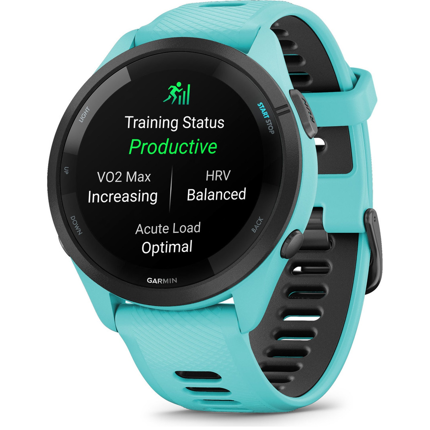 Turquoise smartwatch with black band. Screen shows training status: Productive.